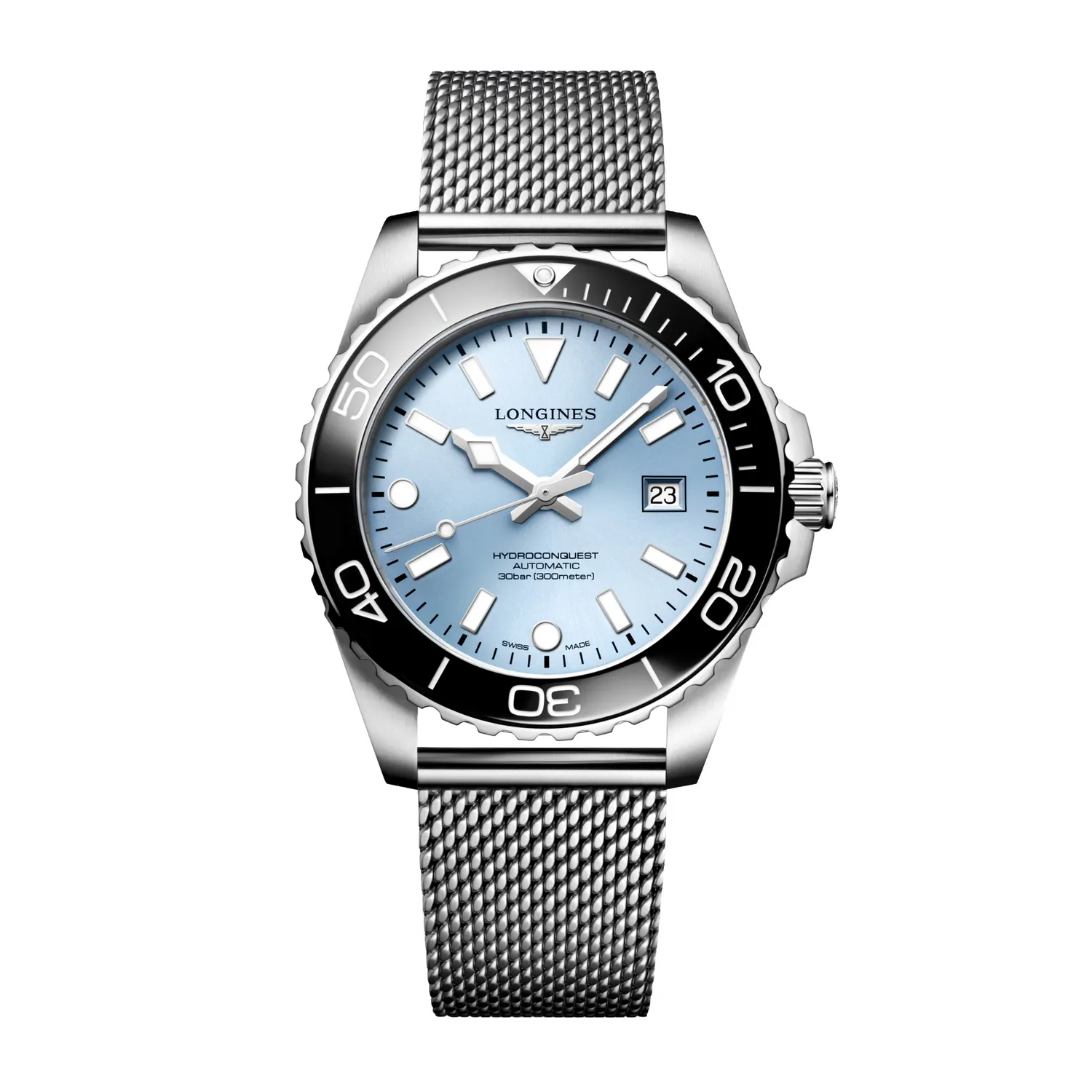 Montre HYDROCONQUEST lunette céramique noire, Bracelet Milanais acier, Cadran bleu givré soleillé