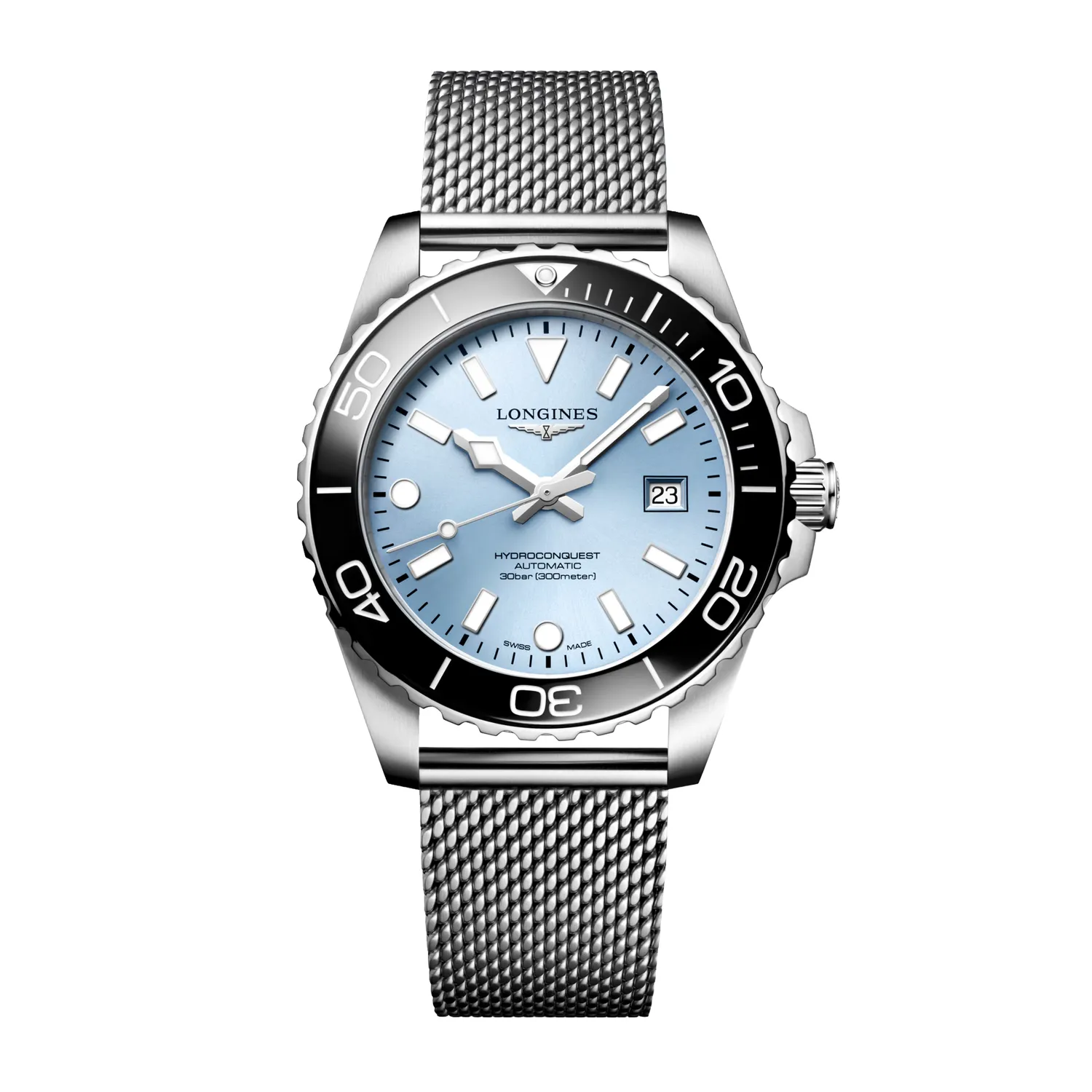 Montre HYDROCONQUEST lunette céramique noire, Bracelet Milanais acier, Cadran bleu givré soleillé