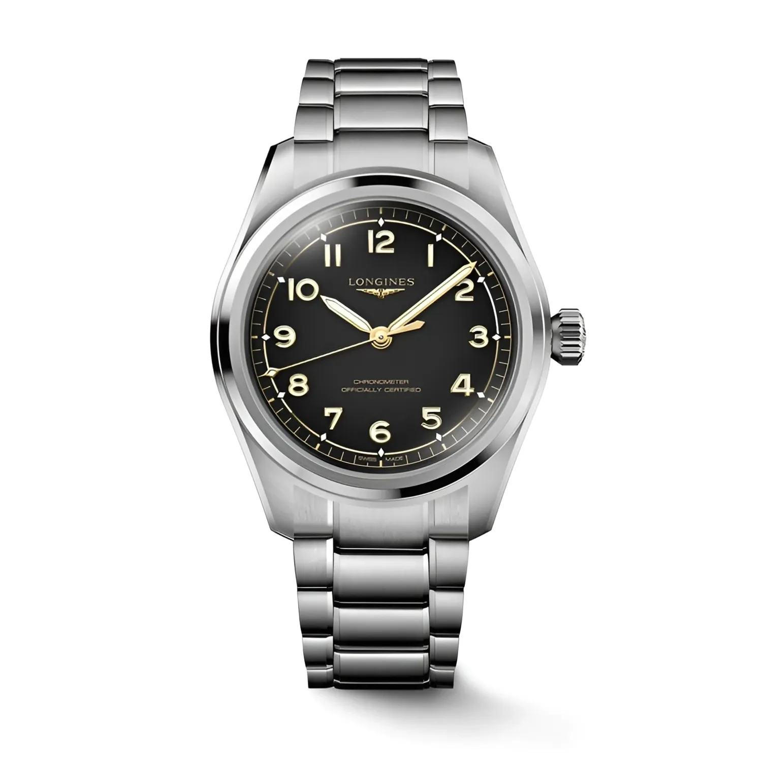 Montre LONGINES SPIRIT PILOT, Bracelet acier, Cadran noir mat chiffres arabes appliqués et aiguilles dorées
