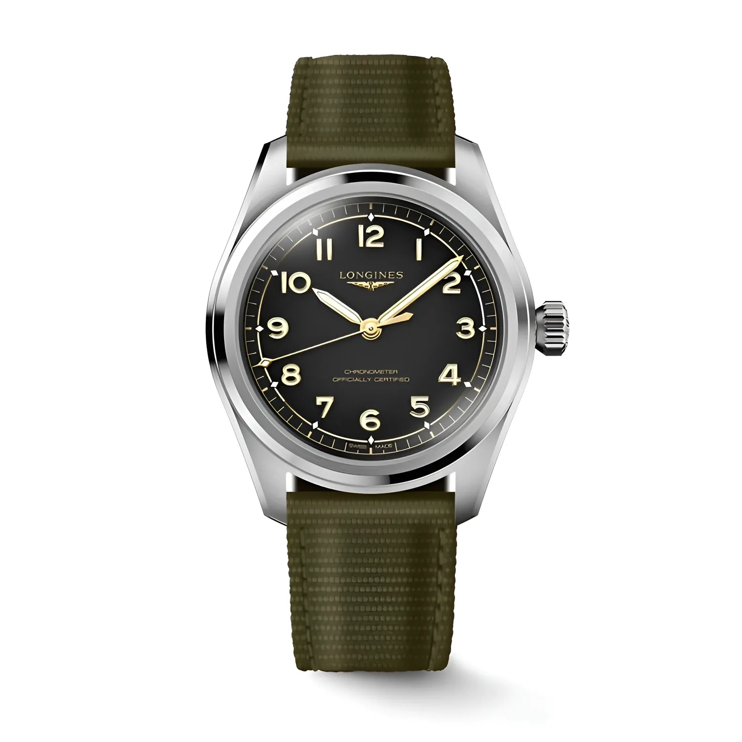 Montre LONGINES SPIRIT PILOT, Bracelet caoutchouc vert interchangeable, Boucle ardillon, Cadran noir mat chiffres arabes appliqués et aiguilles dorées