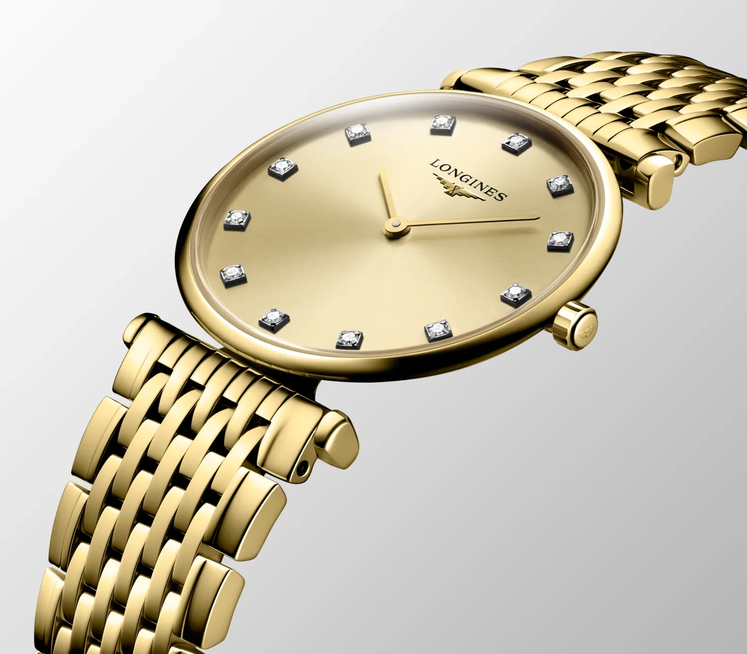 Montre LA GRANDE CLASSIQUE DE LONGINES, Bracelet PVD jaune, Cadran doré 12 diamants950