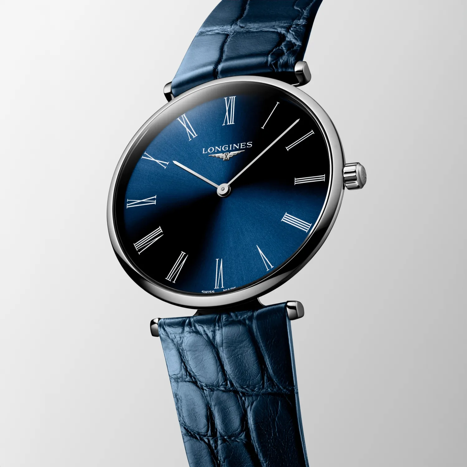 Montre LA GRANDE CLASSIQUE DE LONGINES Bracelet alligator bleu, Boucle ardillon, Cadran bleu soleillé