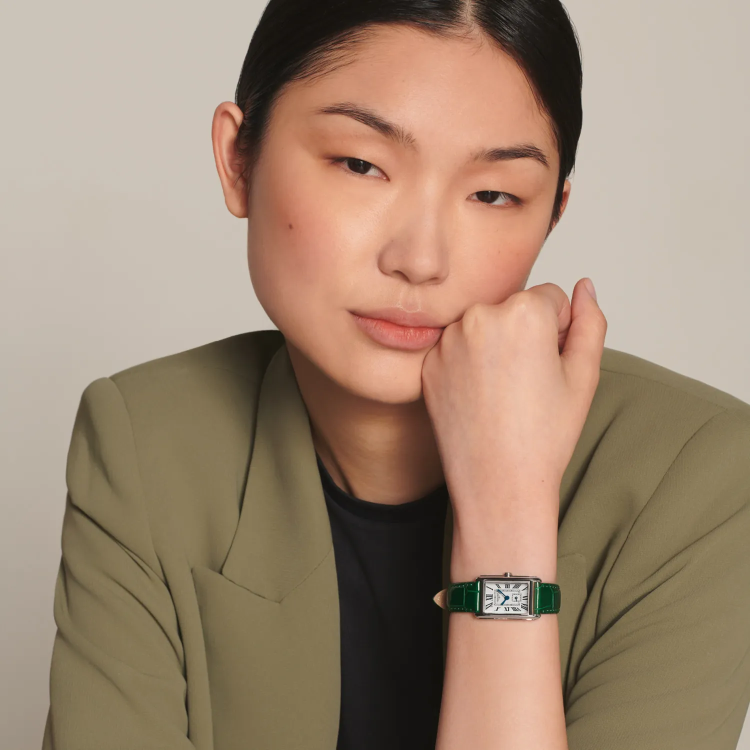 Montre LONGINES DOLCEVITA Bracelet alligator vert interchangeable, Boucle ardillon, Cadran argenté flinqué