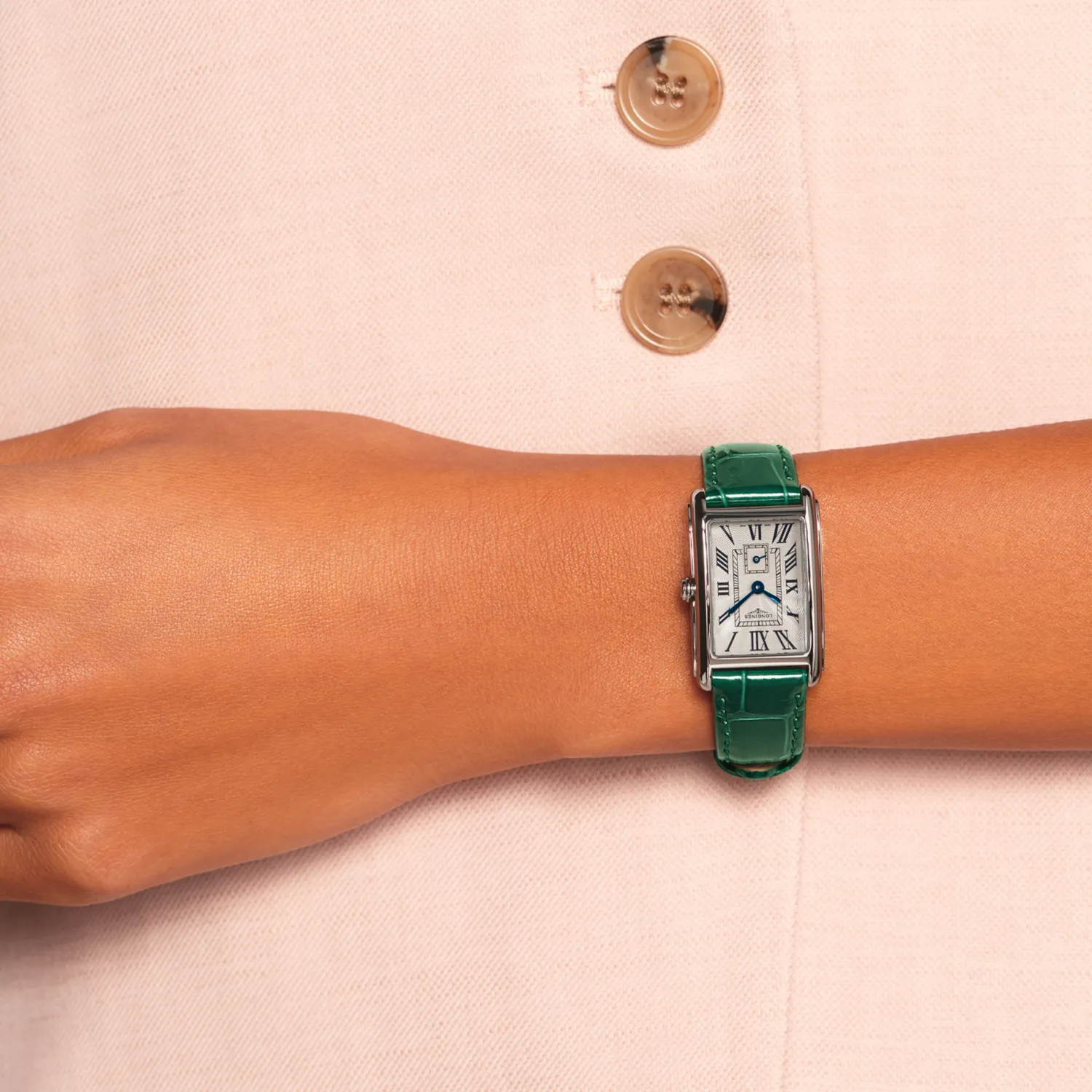 Montre LONGINES DOLCEVITA Bracelet alligator vert interchangeable, Boucle ardillon, Cadran argenté flinqué