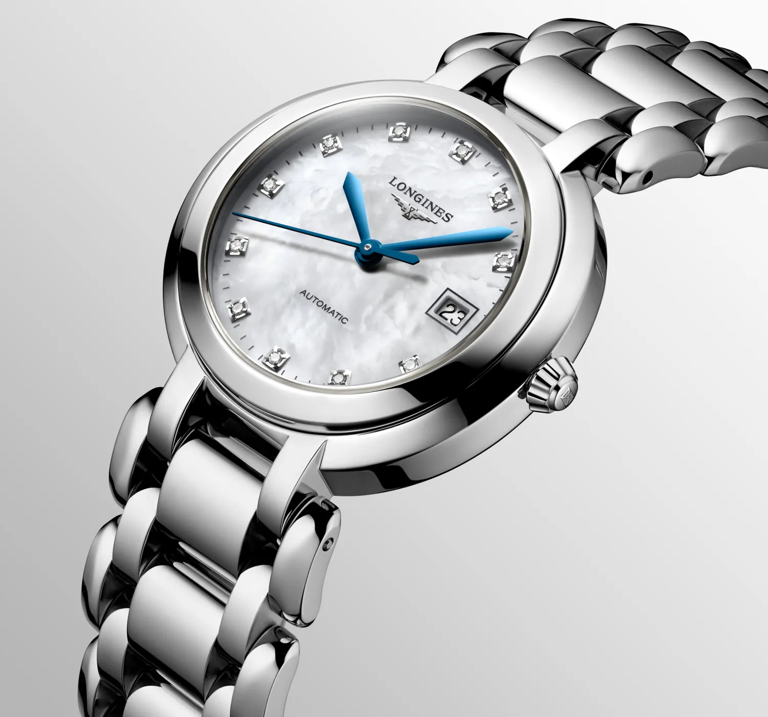 Montre LONGINES PRIMALUNA, Bracelet acier, Cadran nacre blanche 11 diamants