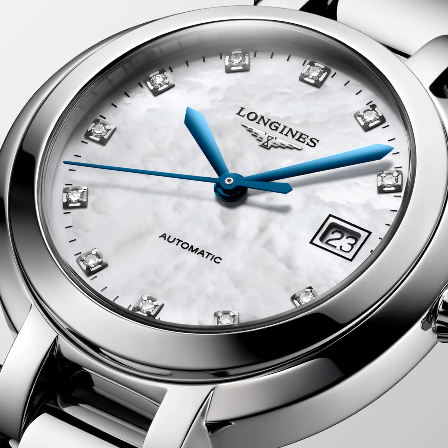 Montre LONGINES PRIMALUNA, Bracelet acier, Cadran nacre blanche 11 diamants