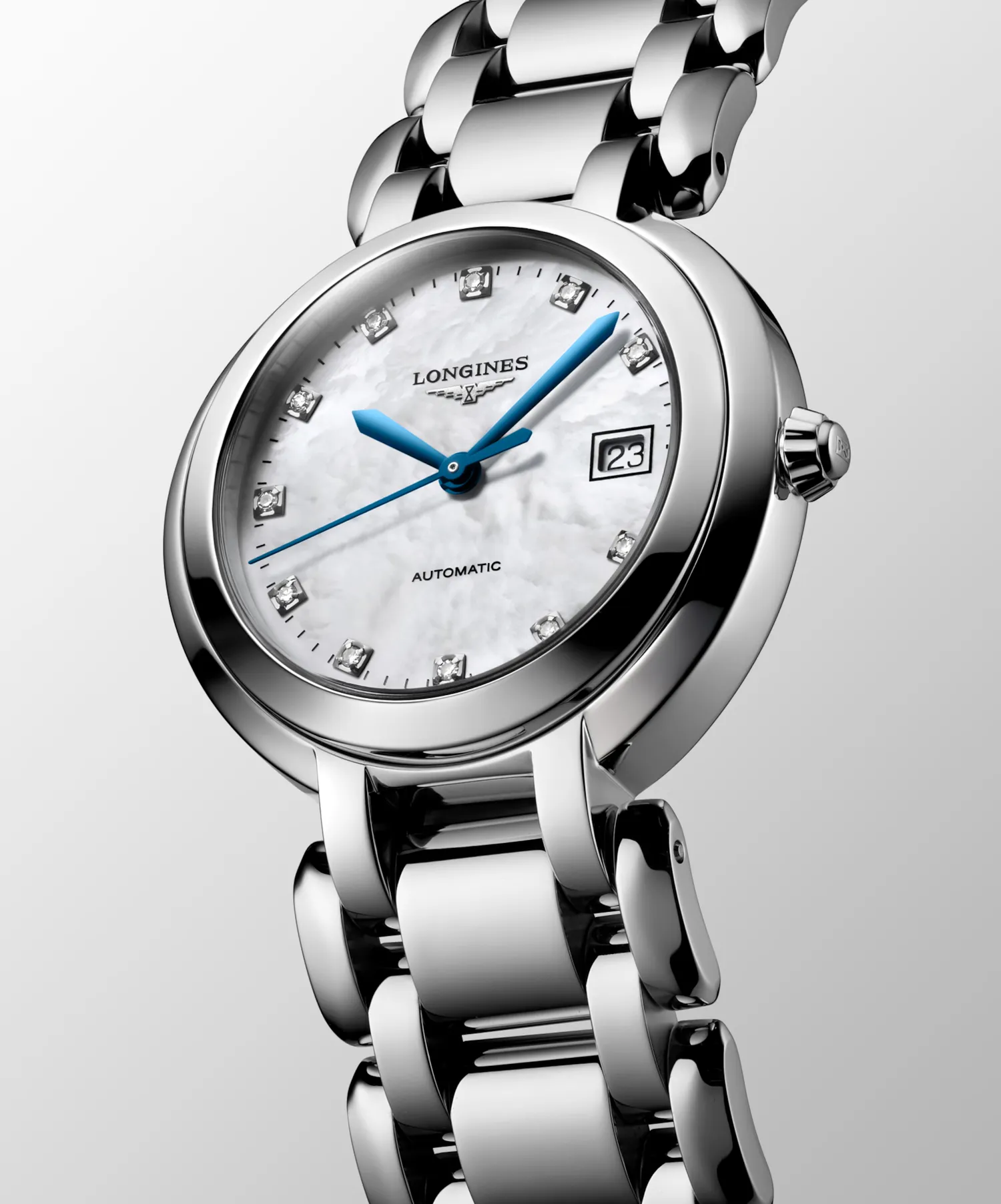 Montre LONGINES PRIMALUNA, Bracelet acier, Cadran nacre blanche 11 diamants