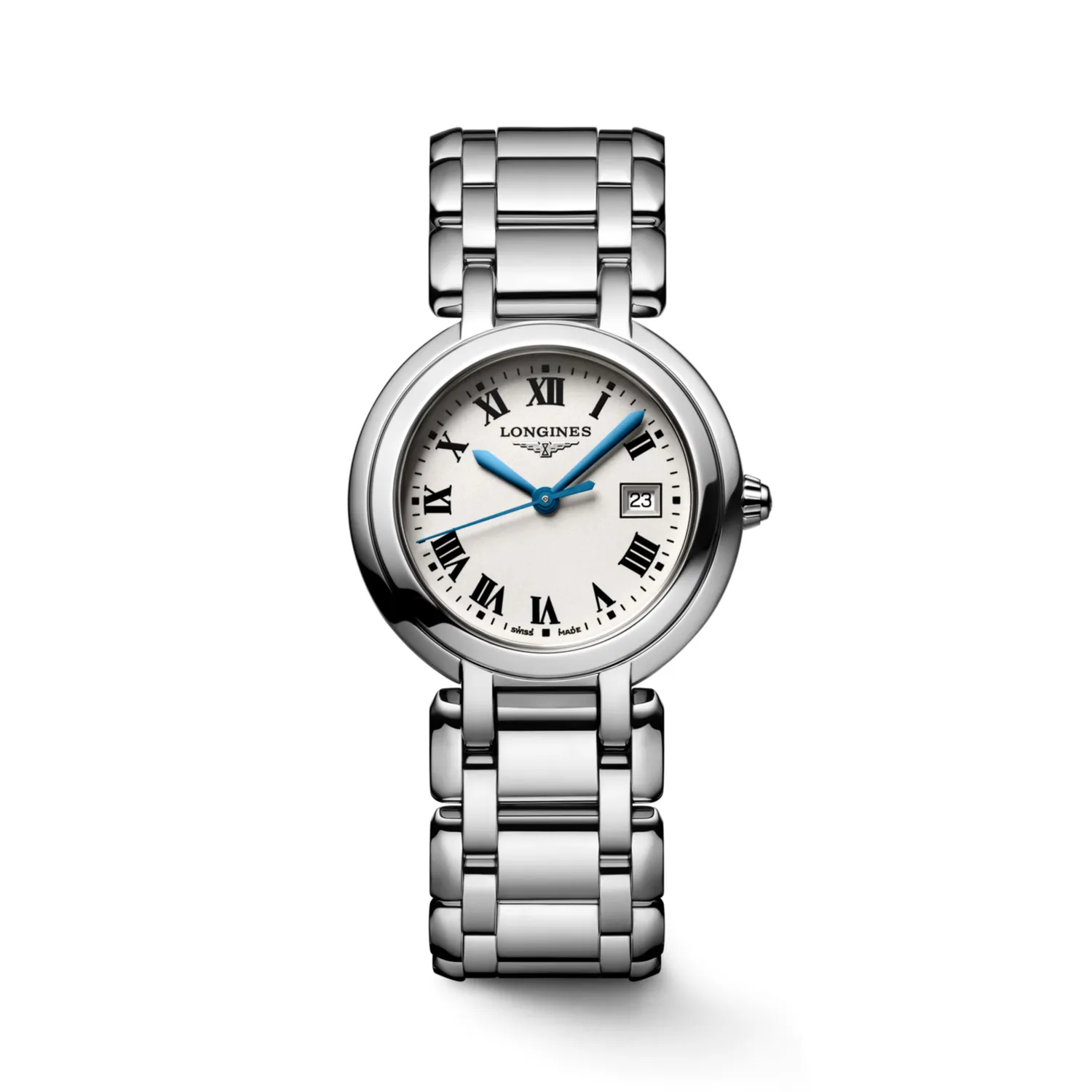 Montre Longines PrimaLuna, bracelet acier, cadran argenté chiffres romains