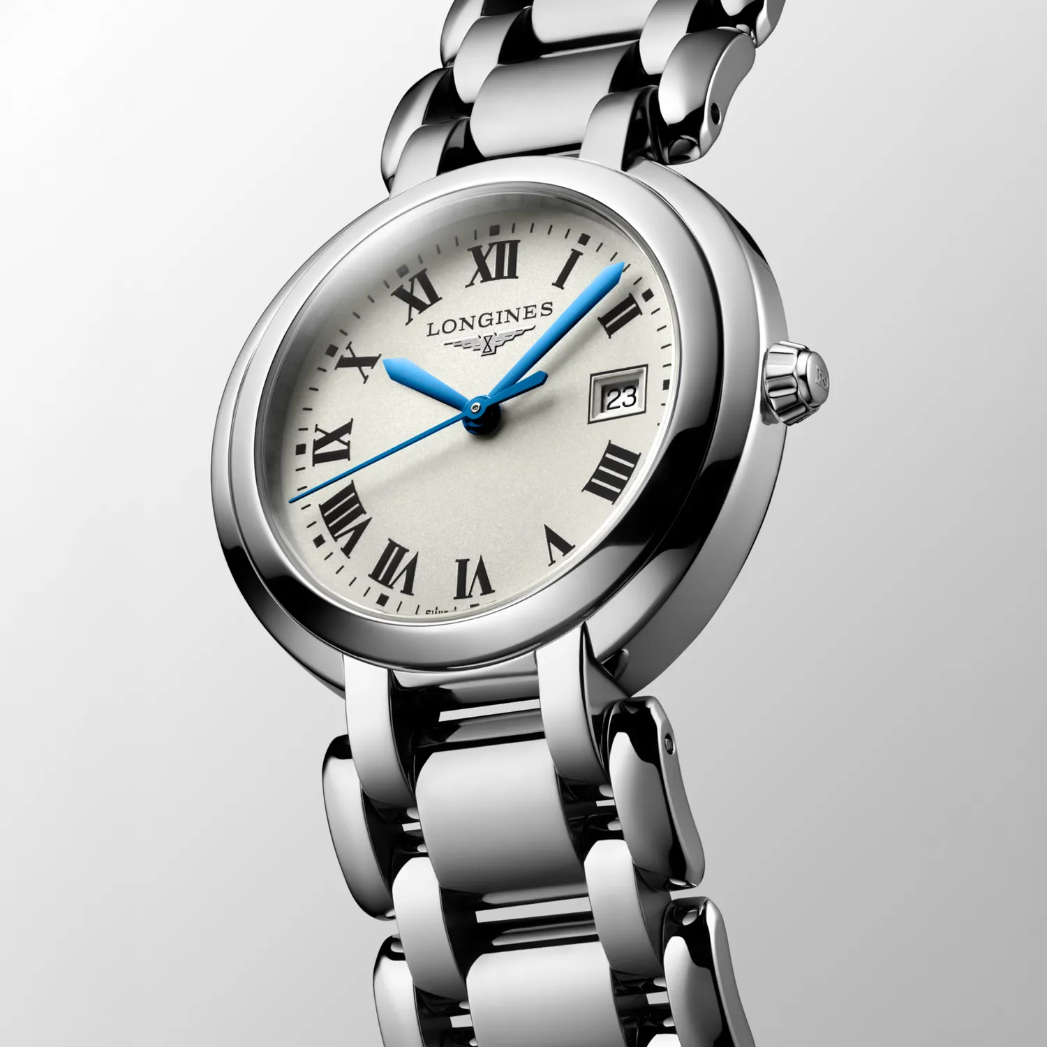 Montre Longines PrimaLuna, bracelet acier, cadran argenté chiffres romains