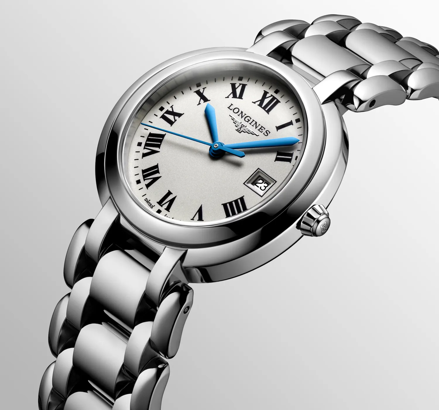 Montre Longines PrimaLuna, bracelet acier, cadran argenté chiffres romains