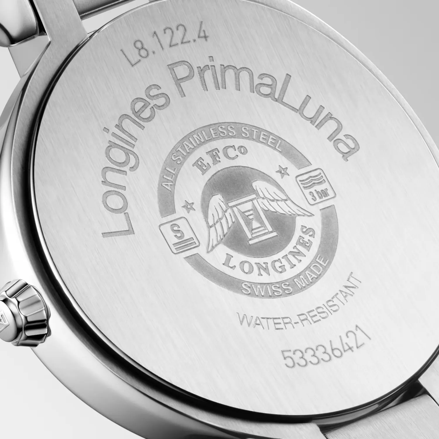 Montre Longines PrimaLuna, bracelet acier, cadran argenté chiffres romains