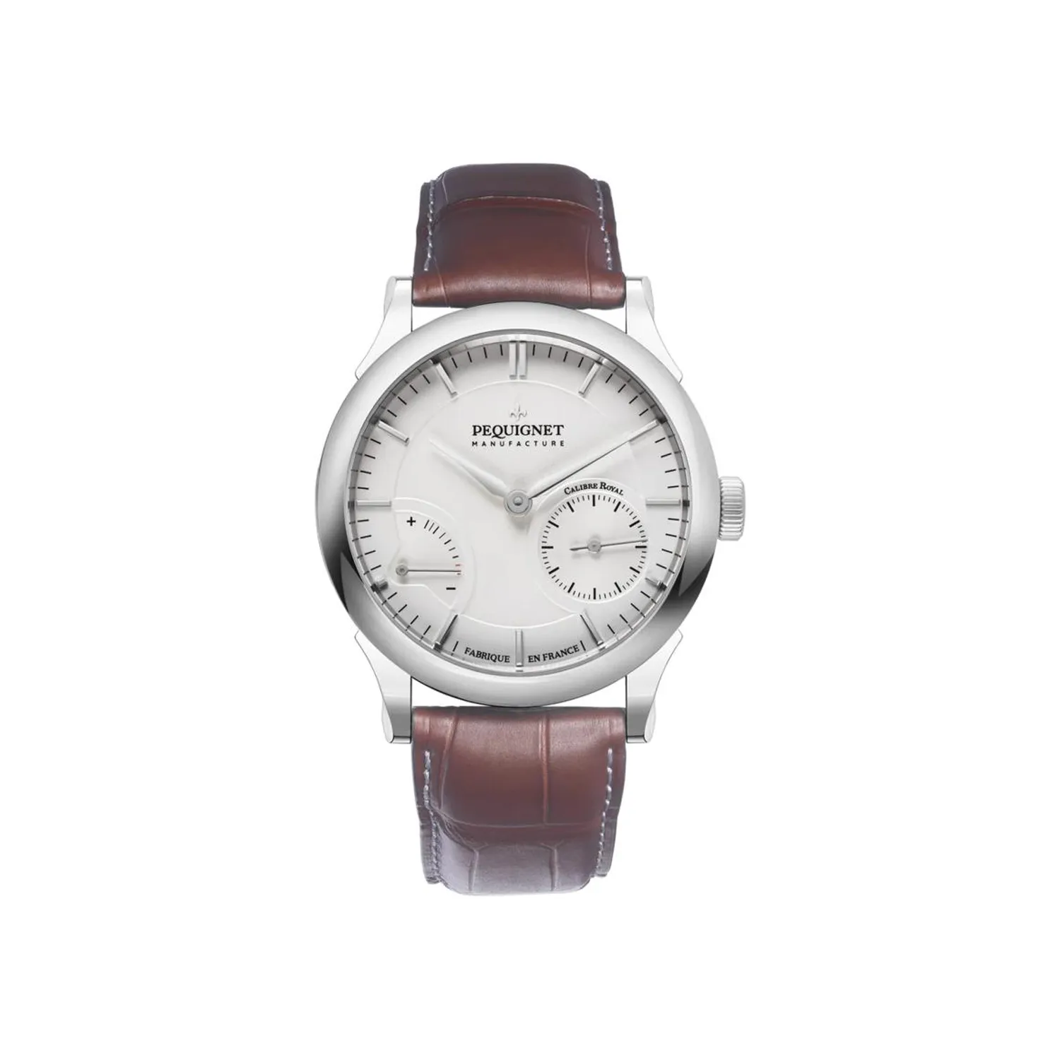Montre ROYALE PARIS Réserve de Marche Bracelet alligator marron, Boucle déployante, Cadran argenté