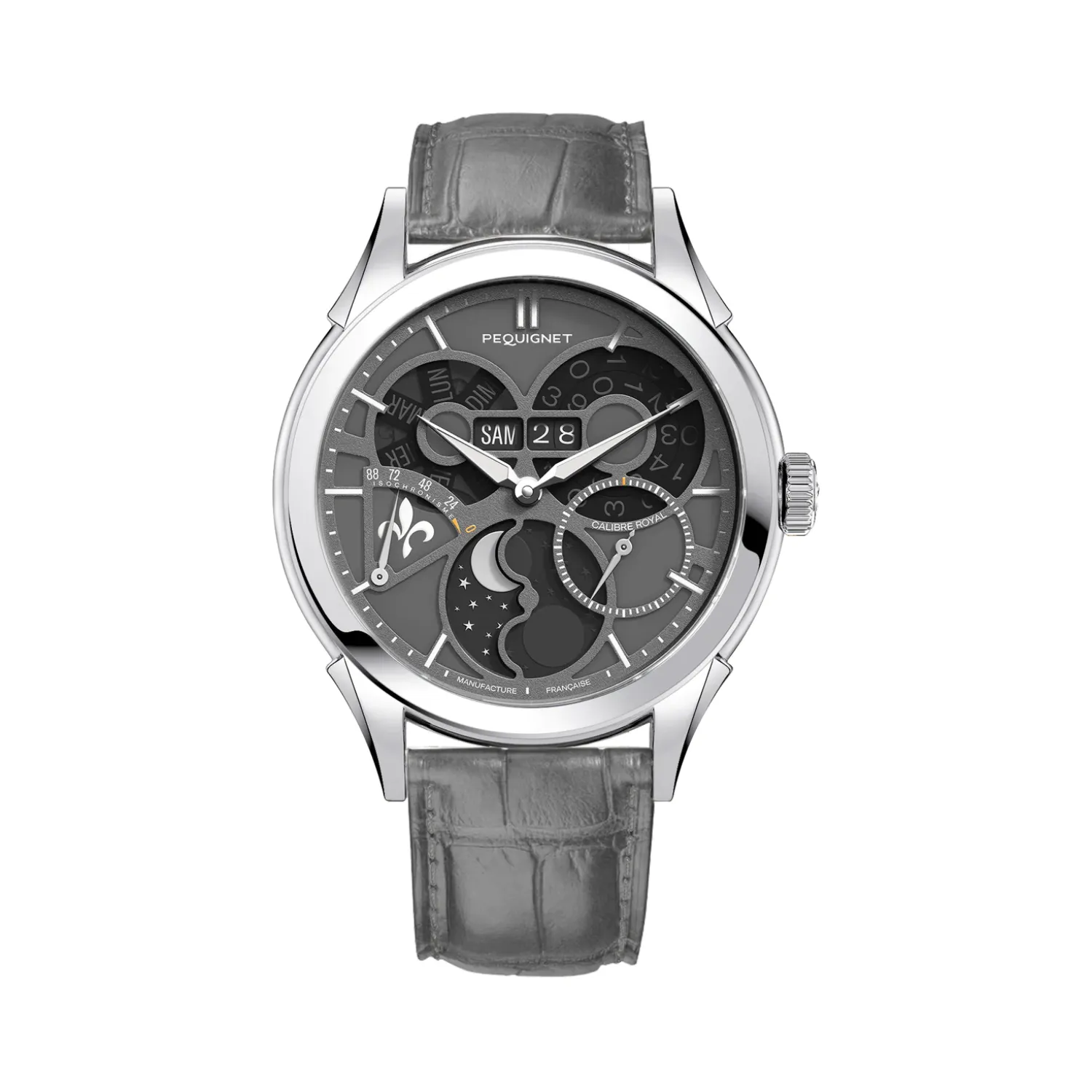 Montre ROYALE SAPHIR Grise Bracelet alligator gris, Boucle déployante, Cadran saphir teinté gris d'ombre