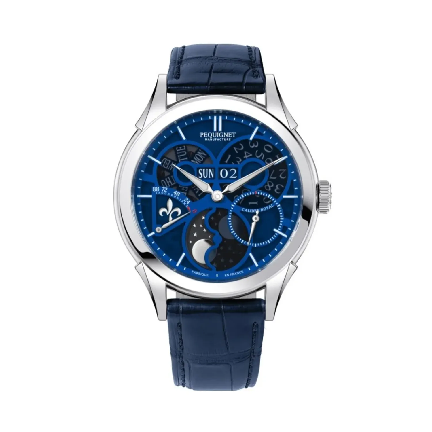 Montre ROYALE SAPHIR Bleue, Bracelet alligator bleu, Boucle déployante, Cadran saphir teinté bleu avec insert bleu nuit métal