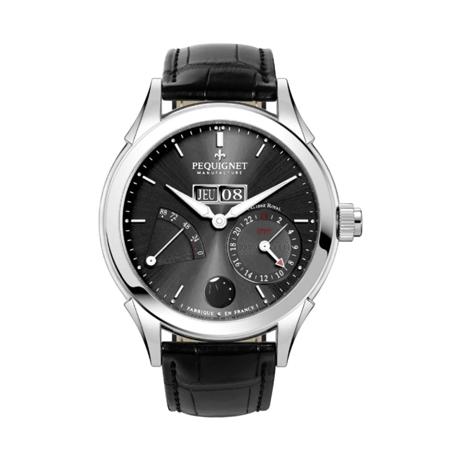 Montre ROYALE GMT Bracelet alligator noir, Boucle déployante, Cadran gris anthracite soleillé