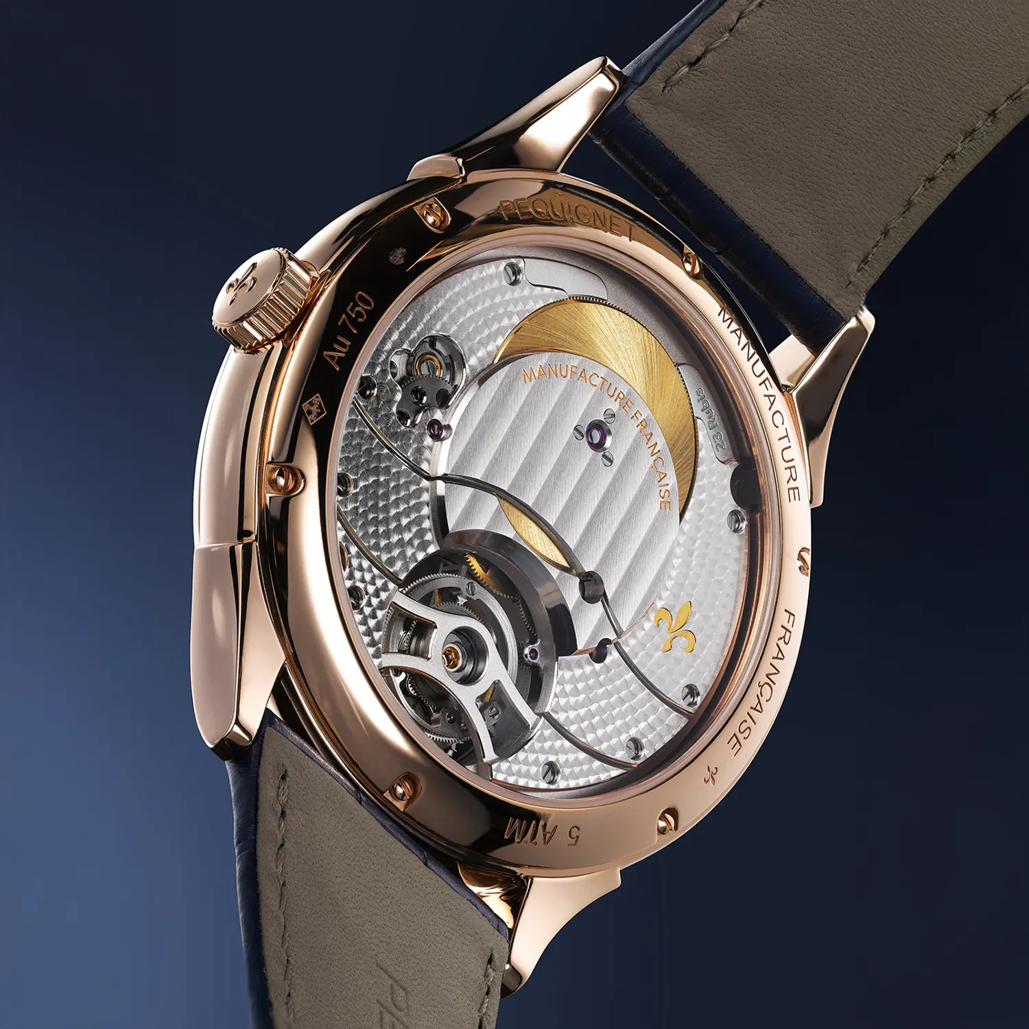 Montre ROYALE TOURBILLON n°1/24 Bracelet alligator bleu, Boucle ardillon en or rose, Cadran bleu texturé goutte d’eau