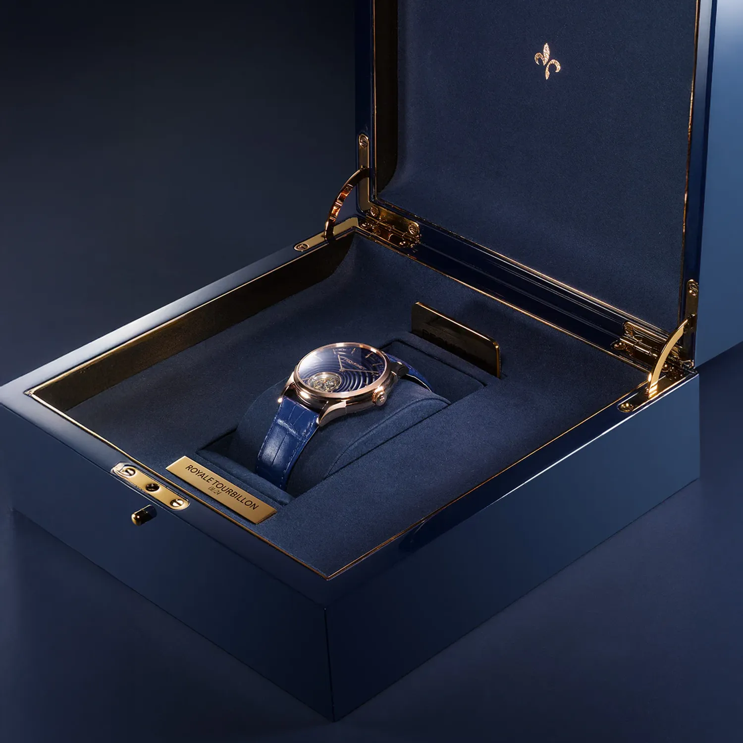 Montre ROYALE TOURBILLON n°1/24 Bracelet alligator bleu, Boucle ardillon en or rose, Cadran bleu texturé goutte d’eau