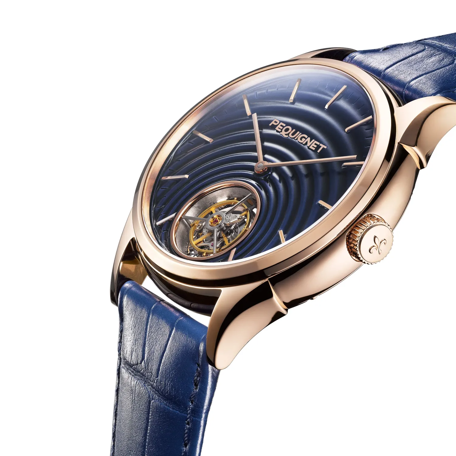 Montre ROYALE TOURBILLON n°1/24 Bracelet alligator bleu, Boucle ardillon en or rose, Cadran bleu texturé goutte d’eau