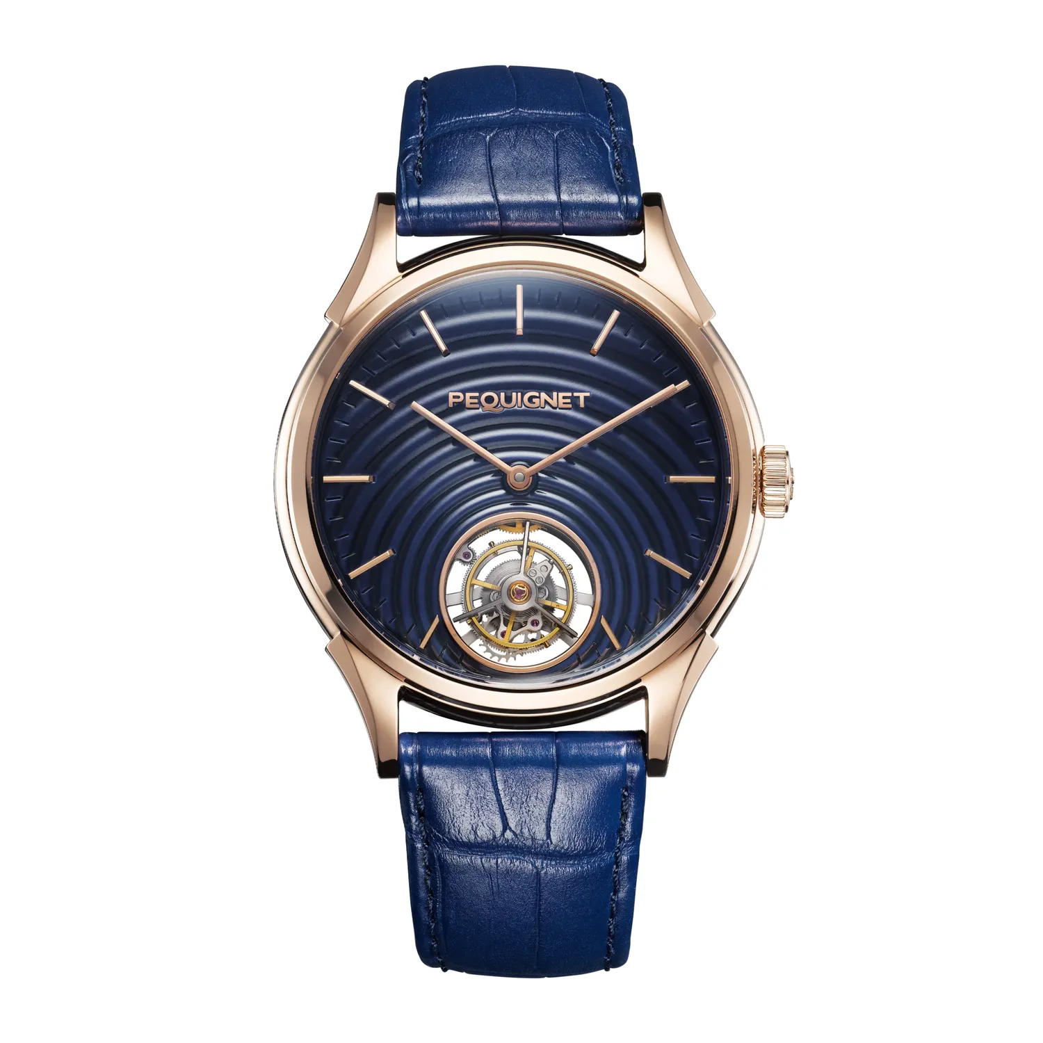Montre ROYALE TOURBILLON n°1/24 Bracelet alligator bleu, Boucle ardillon en or rose, Cadran bleu texturé goutte d’eau