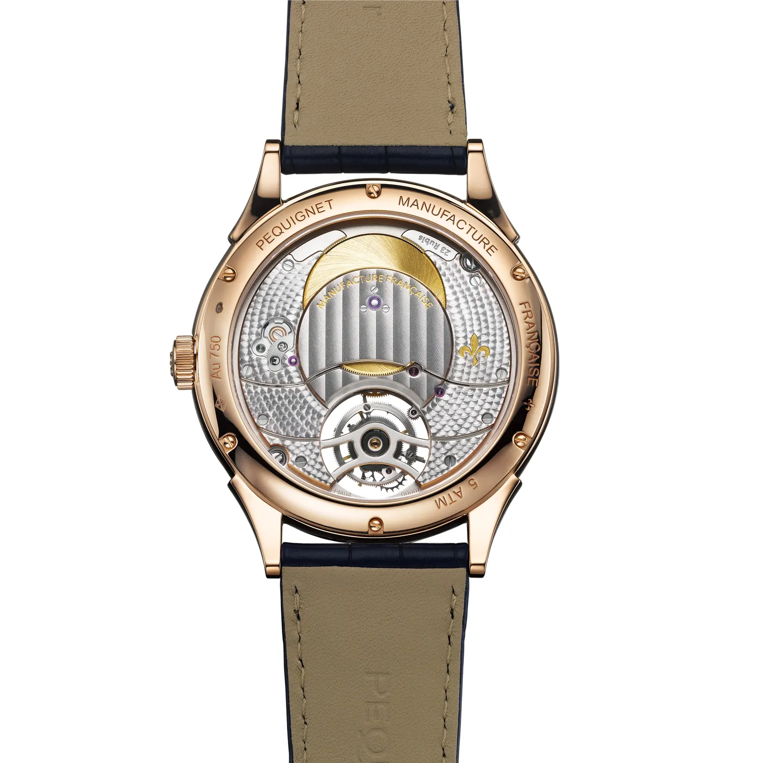 Montre ROYALE TOURBILLON n°1/24 Bracelet alligator bleu, Boucle ardillon en or rose, Cadran bleu texturé goutte d’eau