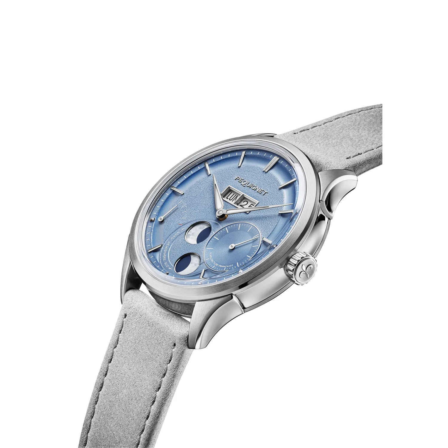 Montre ROYALE PARIS Grande Date et Lune, Bracelet cuir nubuck gris perle interchangeable, Boucle déployante, Cadran bleu glacier