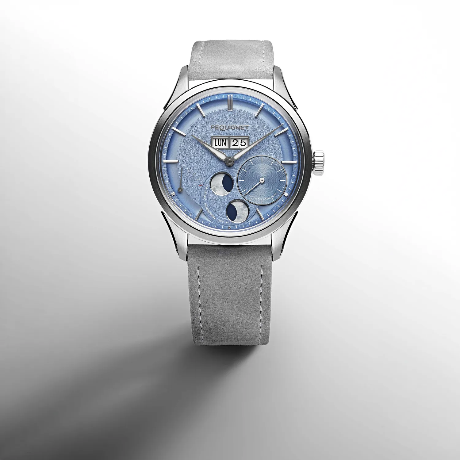 Montre ROYALE PARIS Grande Date et Lune, Bracelet cuir nubuck gris perle interchangeable, Boucle déployante, Cadran bleu glacier