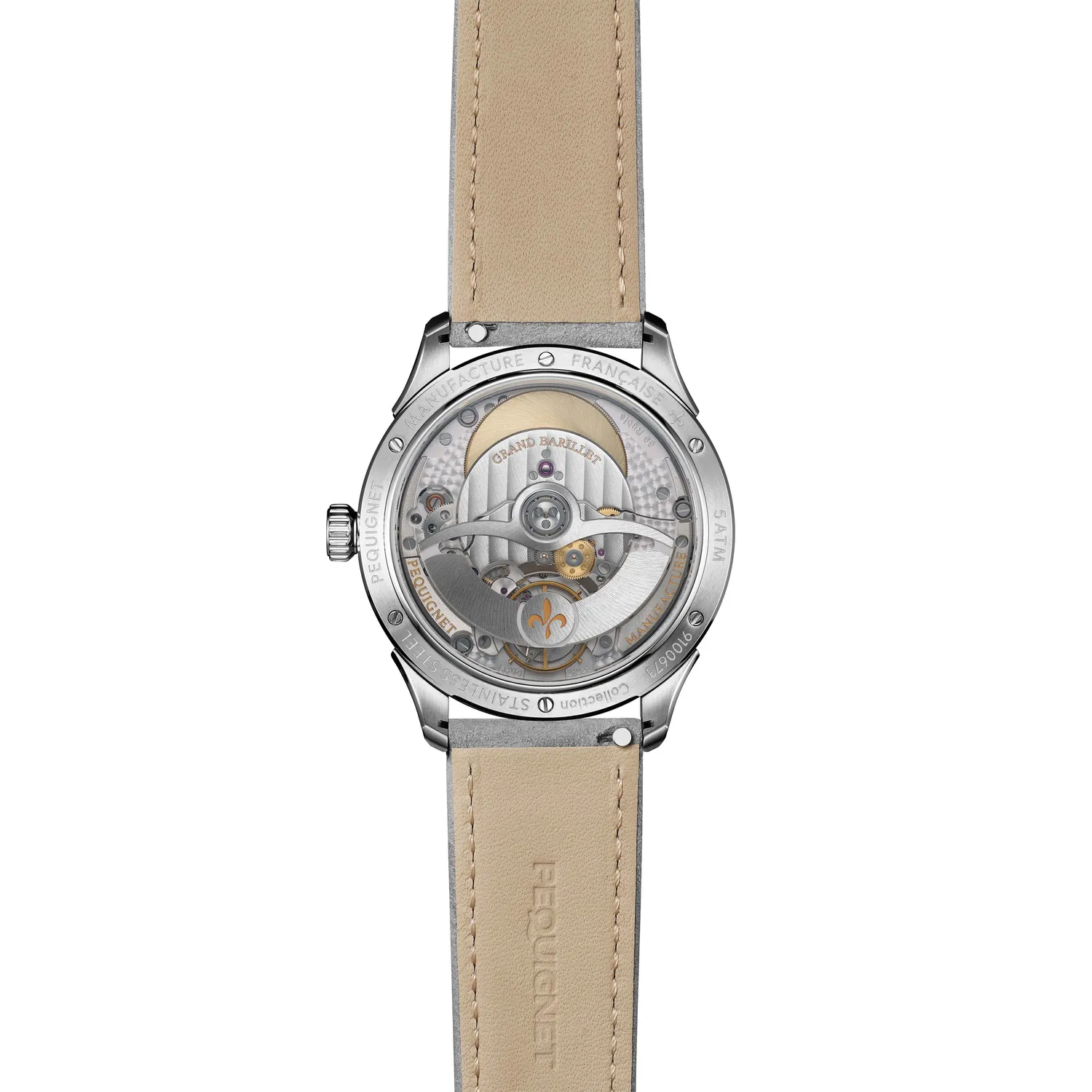 Montre ROYALE PARIS Grande Date et Lune, Bracelet cuir nubuck gris perle interchangeable, Boucle déployante, Cadran bleu glacier