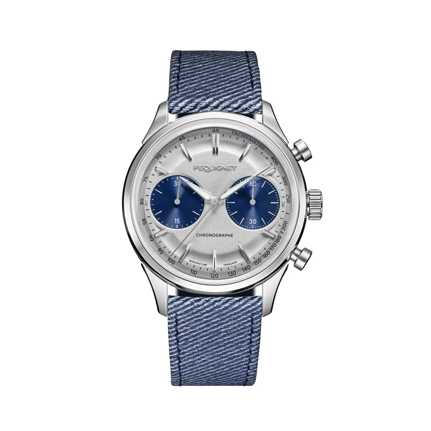 Montre ROYALE PARIS CHRONO, Bracelet cordura bleu, Boucle déployante, Cadran argenté compteurs bleus