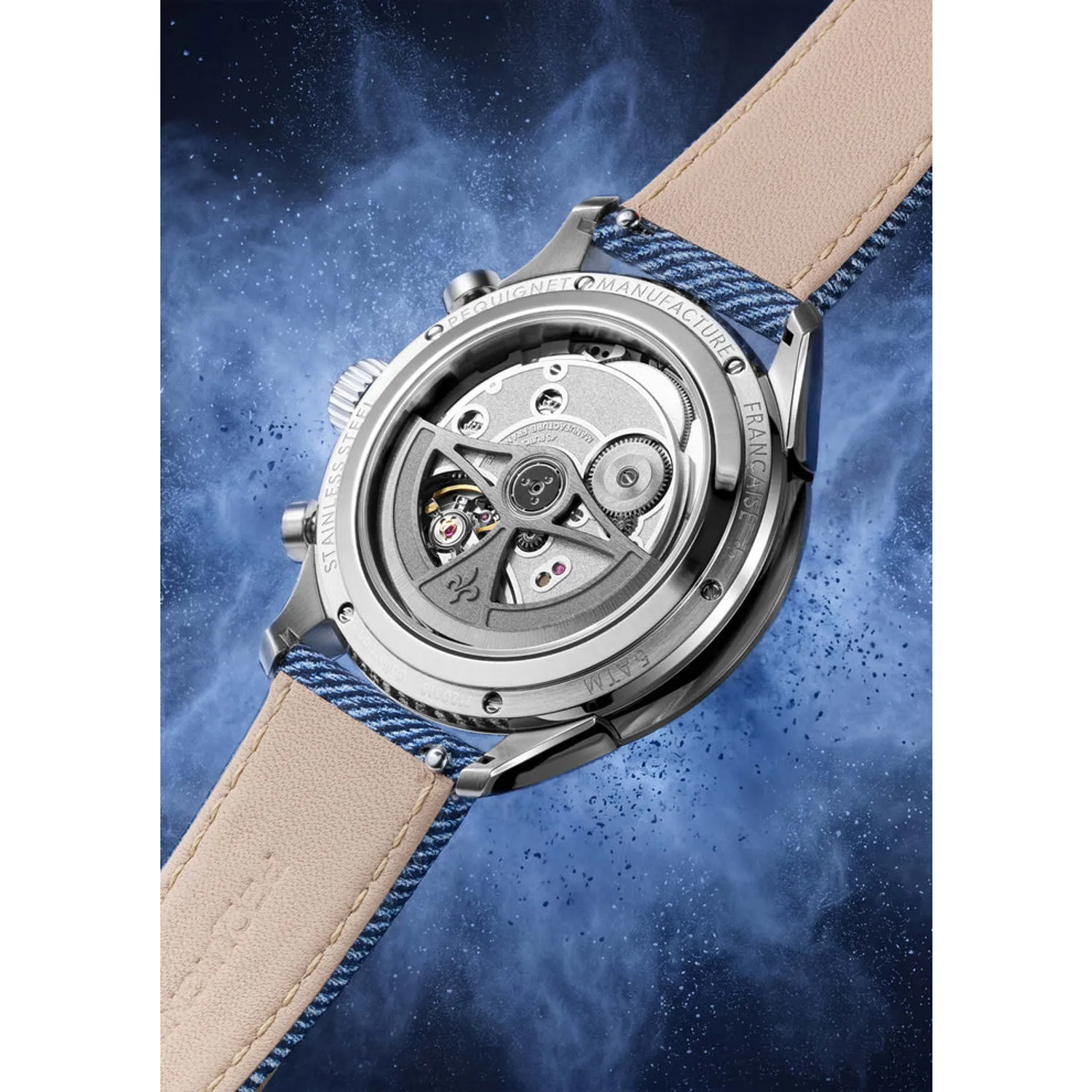 Montre ROYALE PARIS CHRONO, Bracelet cordura bleu, Boucle déployante, Cadran argenté compteurs bleus