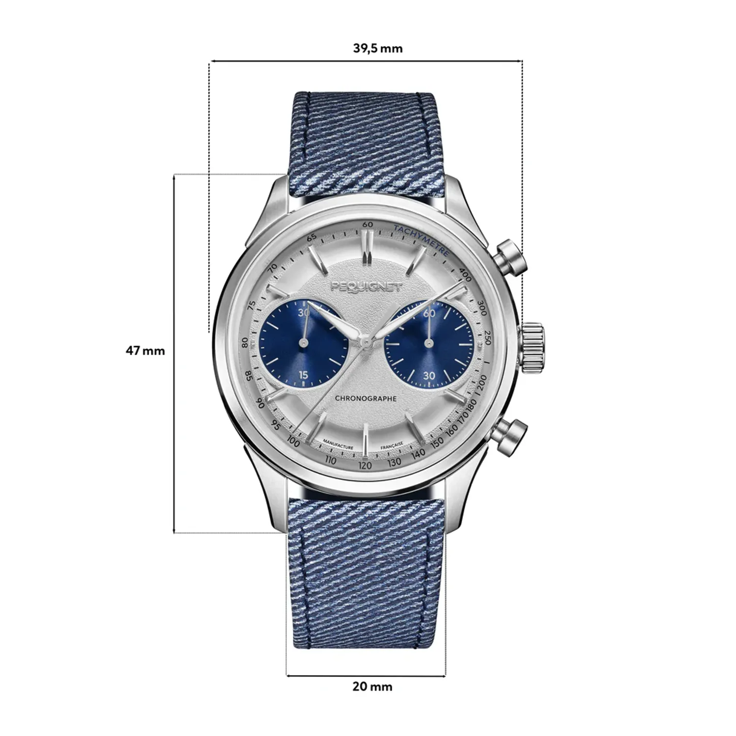 Montre ROYALE PARIS CHRONO, Bracelet cordura bleu, Boucle déployante, Cadran argenté compteurs bleus