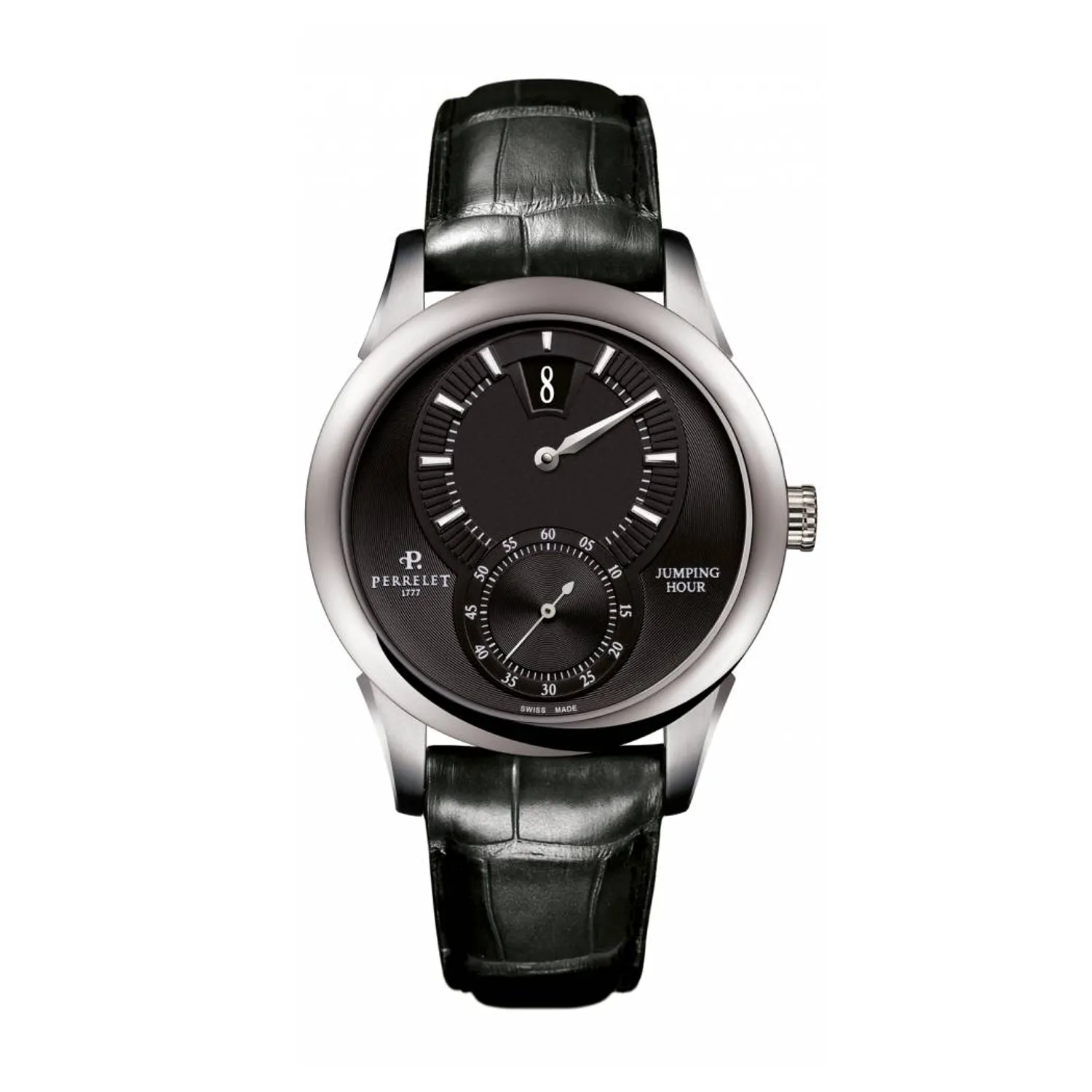 Montre Perrelet Jumping Hour, Bracelet alligator noir, Cadran noir