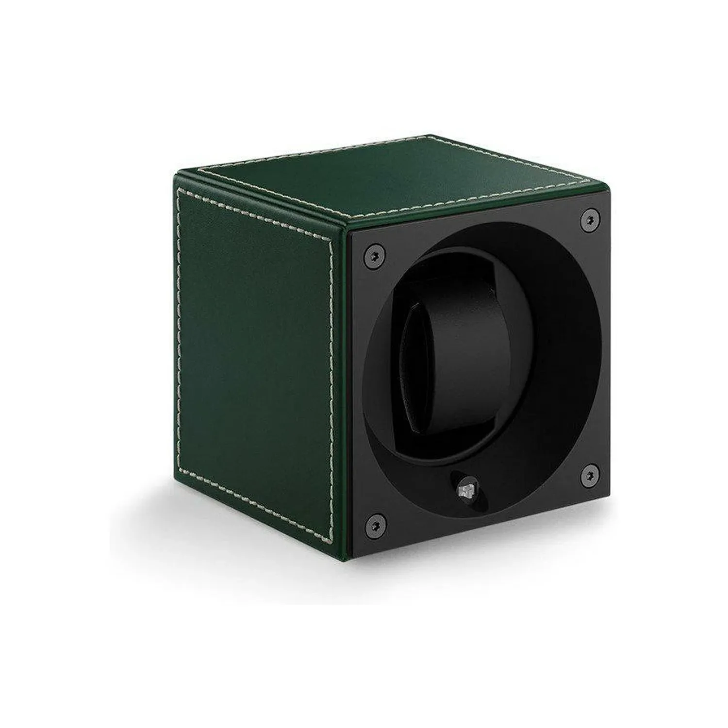 Remontoir pour montre automatique SwissKubik Masterbox en cuir vert et surpiqûres blanches
