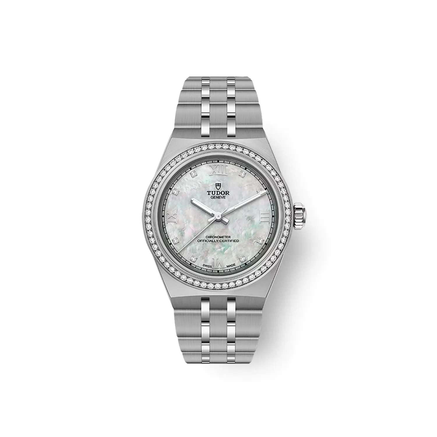 Montre TUDOR ROYAL 30mm lunette sertie diamants, Bracelet acier 98520, Cadran nacre blanche 8 brillants