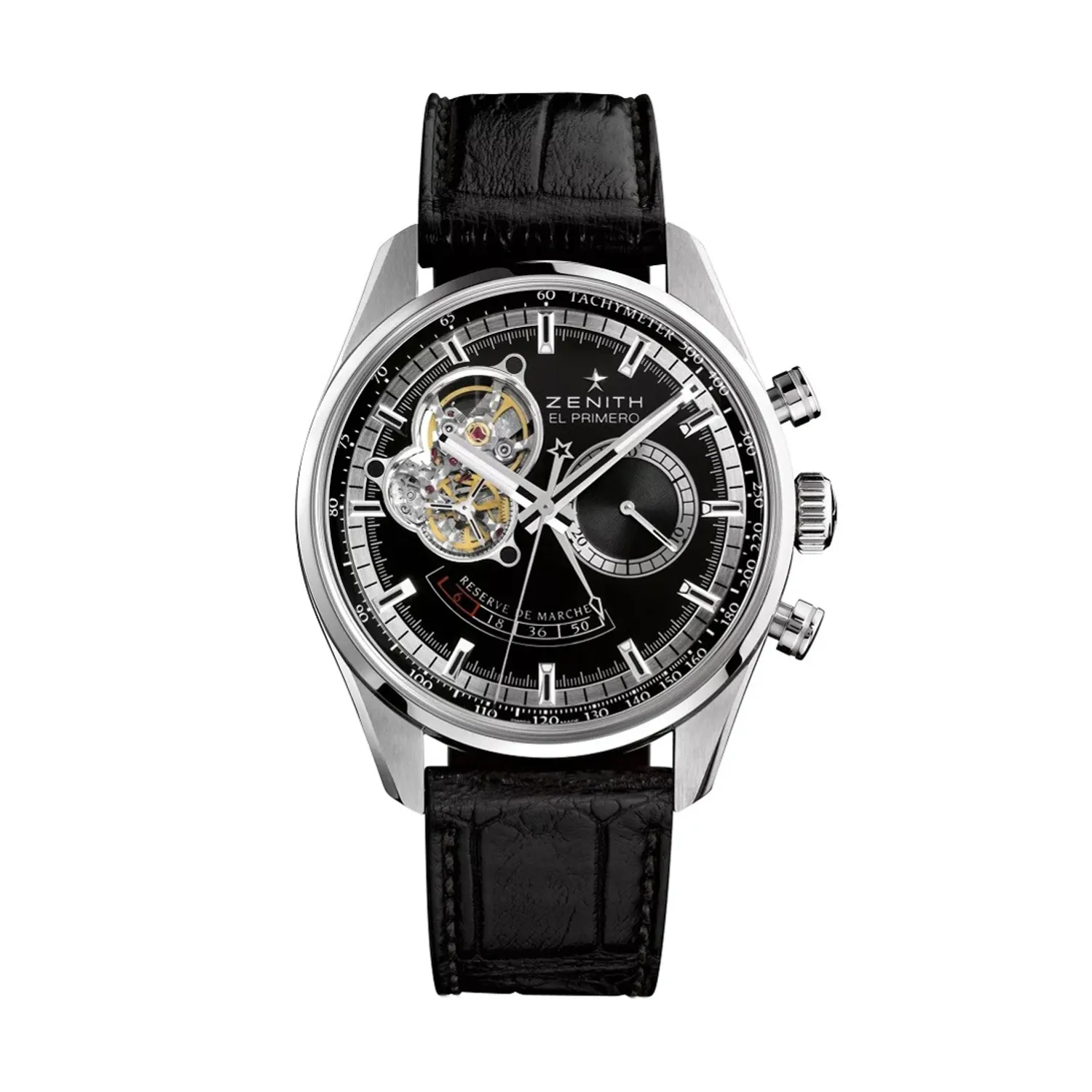 Montre EL PRIMERO CHRONOMASTER POWER RESERVE Bracelet alligator noir C496, Boucle déployante, Cadran noir, Certificat COSC 307091189