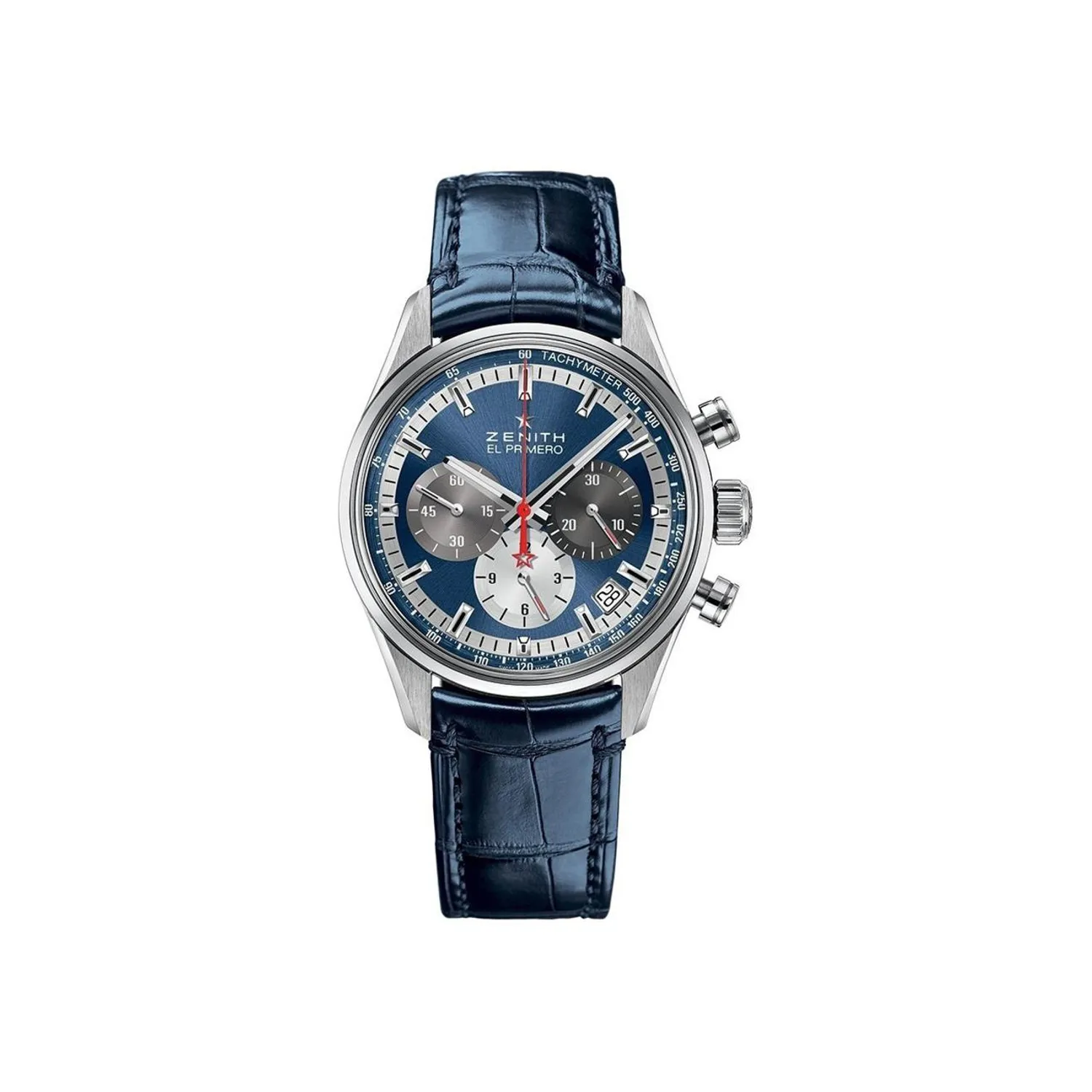 Montre CHRONOMASTER EL PRIMERO 38mm Bracelet alligator bleu C700, Boucle déployante, Cadran soleillé bleu
