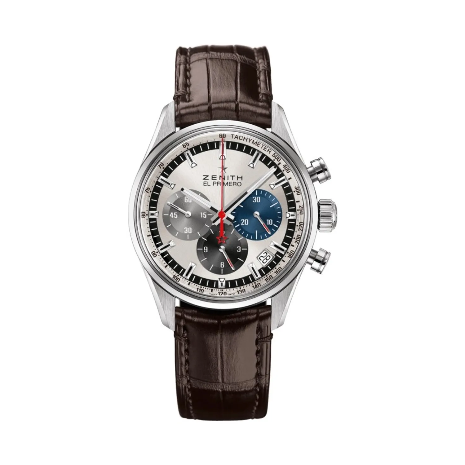Montre CHRONOMASTER EL PRIMERO ORIGINAL 1969 Bracelet alligator brun C713, Boucle déployante, Cadran soleillé argenté et compteurs de 3 couleurs