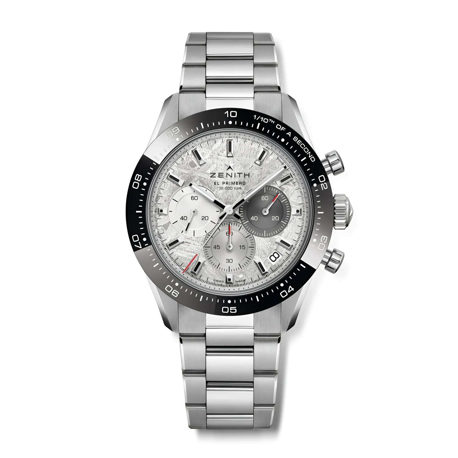 Montre CHRONOMASTER SPORT lunette céramique noire, Bracelet acier, Cadran météorite avec 3 compteurs de couleurs