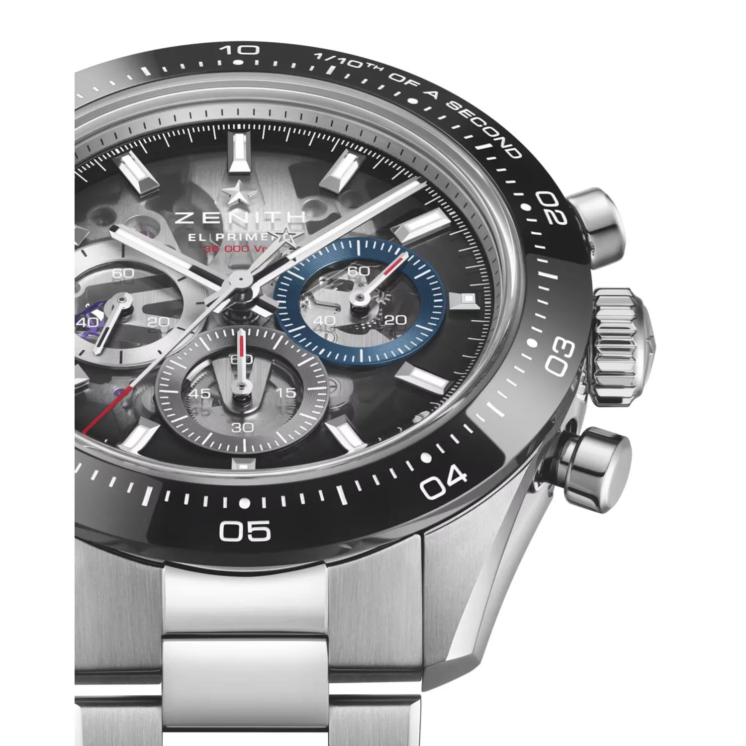 Montre CHRONOMASTER SPORT Skeleton lunette céramique noire, Bracelets acier et caoutchouc noir, Cadran verre saphir dégradé avec 3 compteurs de couleurs