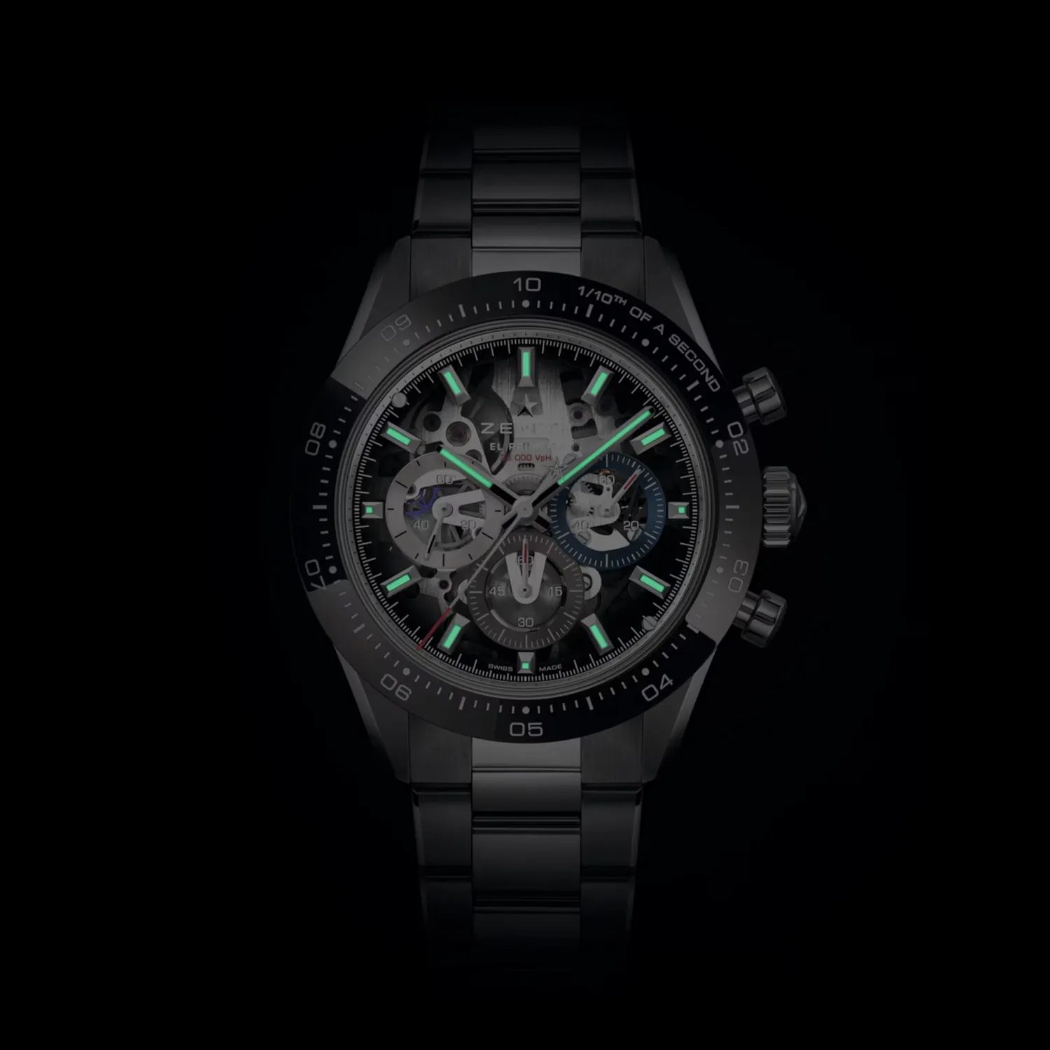 Montre CHRONOMASTER SPORT Skeleton lunette céramique noire, Bracelets acier et caoutchouc noir, Cadran verre saphir dégradé avec 3 compteurs de couleurs