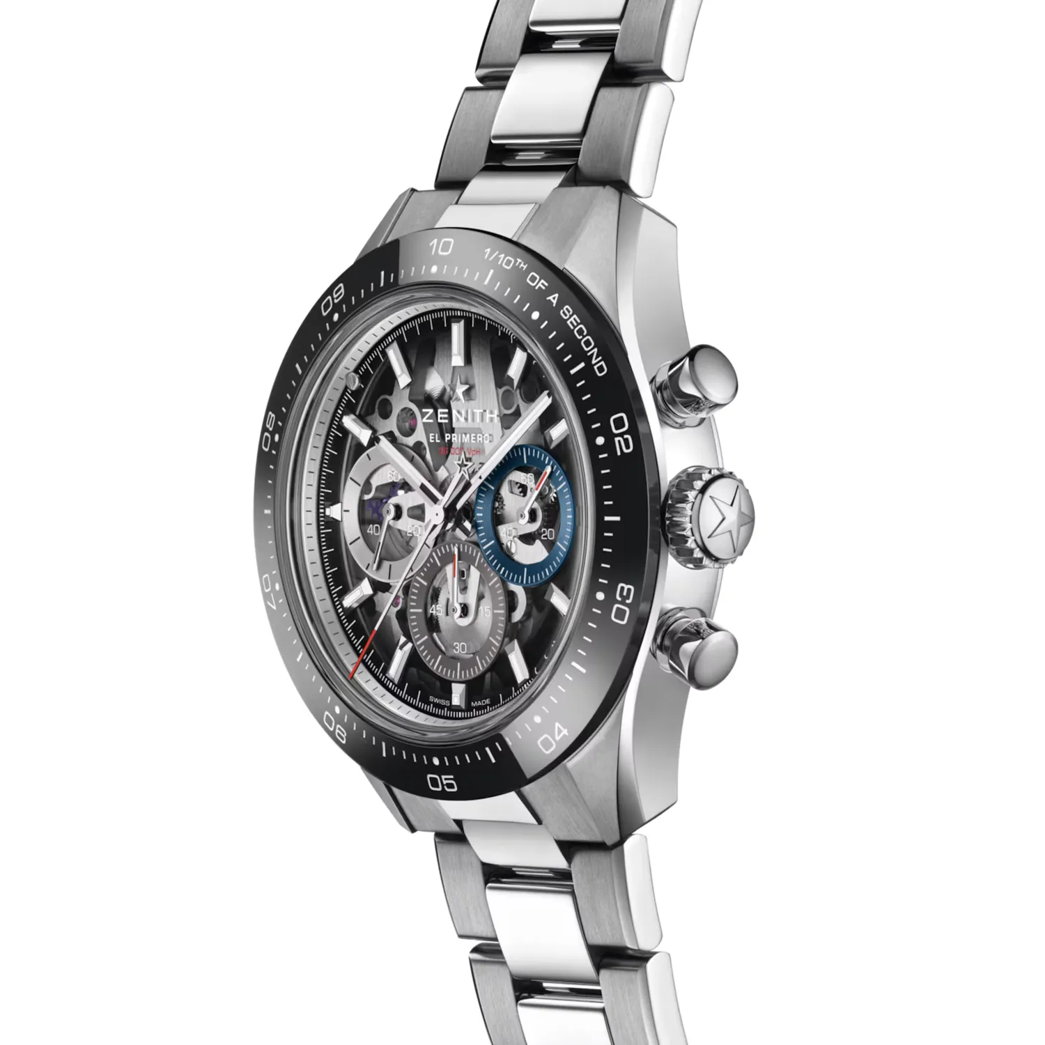 Montre CHRONOMASTER SPORT Skeleton lunette céramique noire, Bracelets acier et caoutchouc noir, Cadran verre saphir dégradé avec 3 compteurs de couleurs