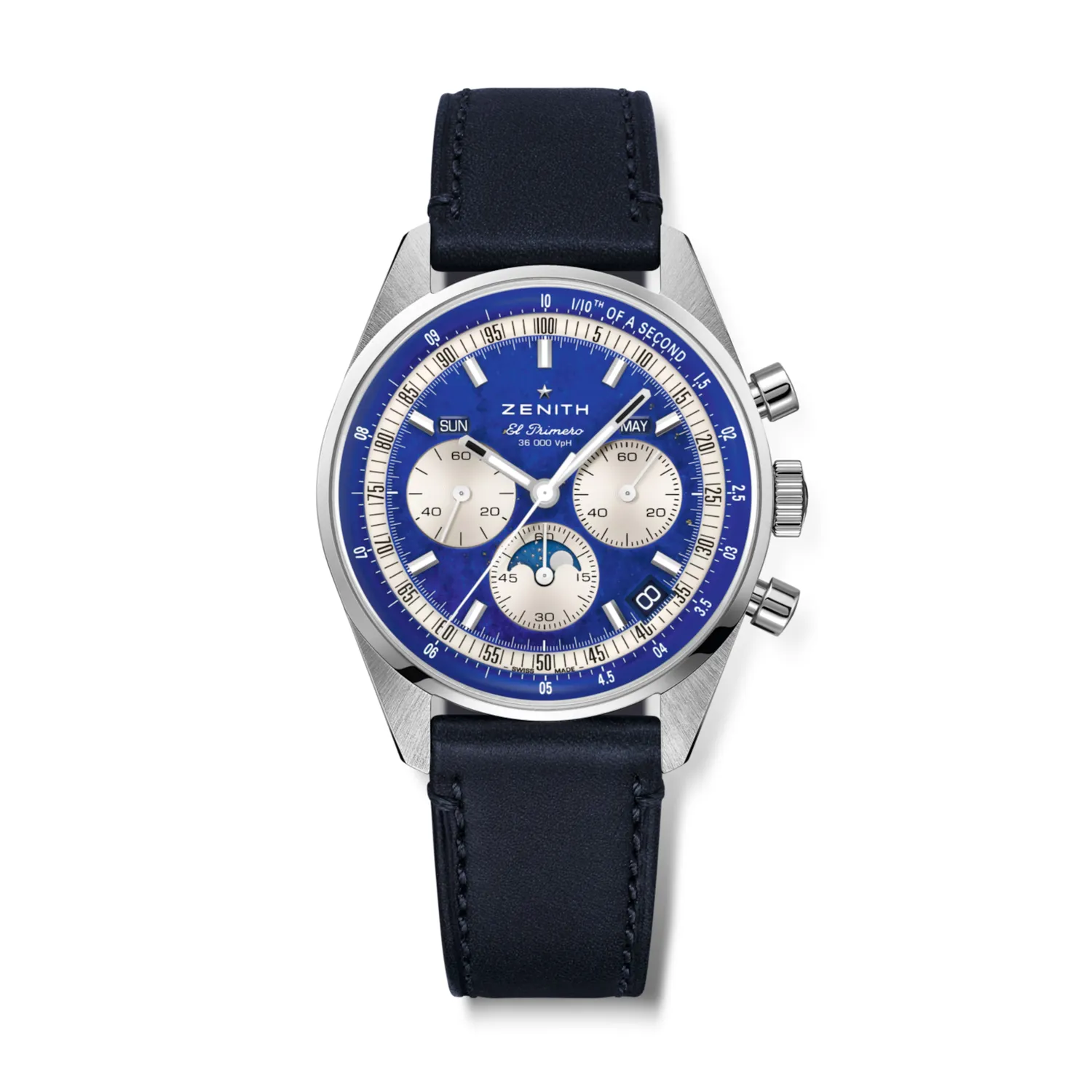 Montre CHRONOMASTER ORIGINAL LAPIS LAZULI Triple Calendar, Bracelets cuir bleu et acier, Boucle déployante, Cadran Lapis-Lazuli avec compteurs argentés