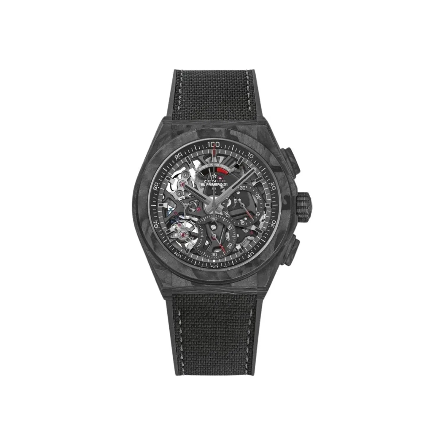 Montre DEFY EL PRIMERO 21 Carbone Bracelet caooutchouc noir façon cordura, Boucle déployante en titane et carbone, Cadran ajouré