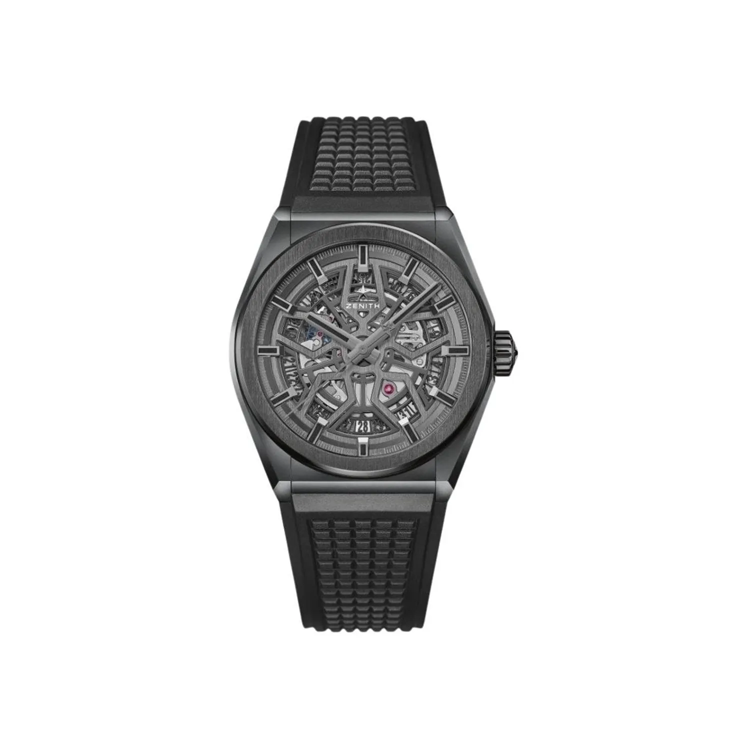 Montre DEFY CLASSIC Céramique noire Bracelet caoutchouc noir, Boucle déployante en titane DLC noir, Cadran squelette