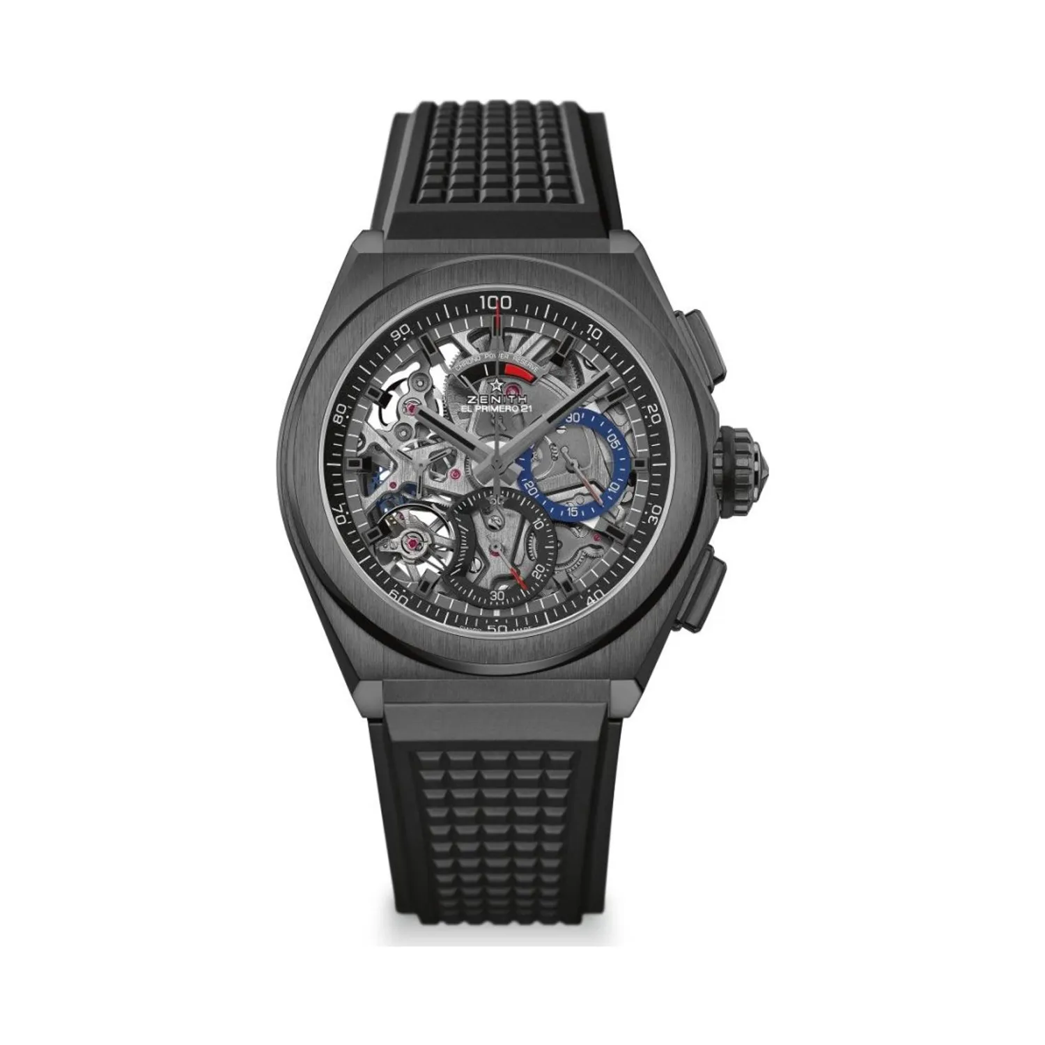 Montre DEFY EL PRIMERO 21 Bracelet caoutchouc noir, Boucle déployante en titane recouvert de DLC noir, Cadran ajouré avec compteurs deux couleurs différentes