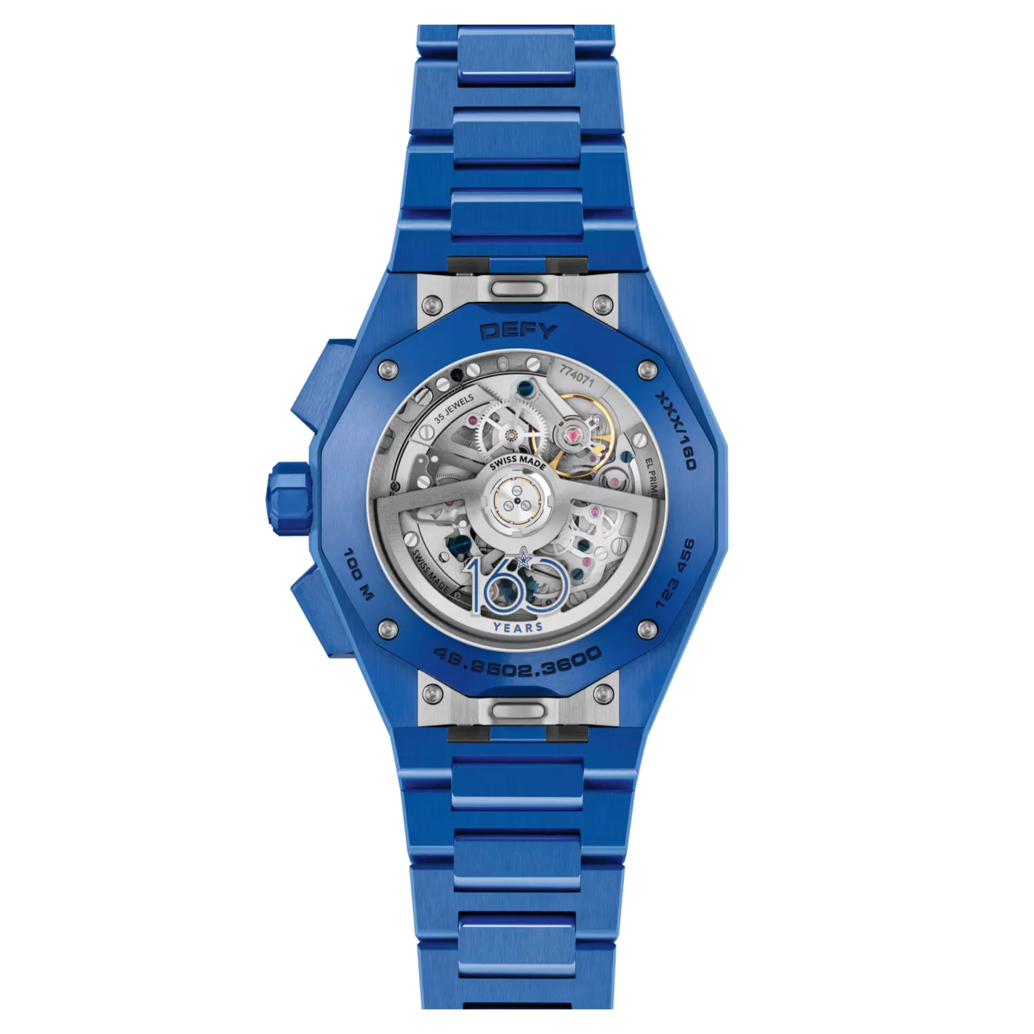 Montre DEFY SKYLINE CHRONOGRAPH 160th ANNIVERSARY EDITION n°139/160, Bracelets céramique bleue et caoutchouc bleu interchangeables, Boucle déployante, Cadran soleillé bleu