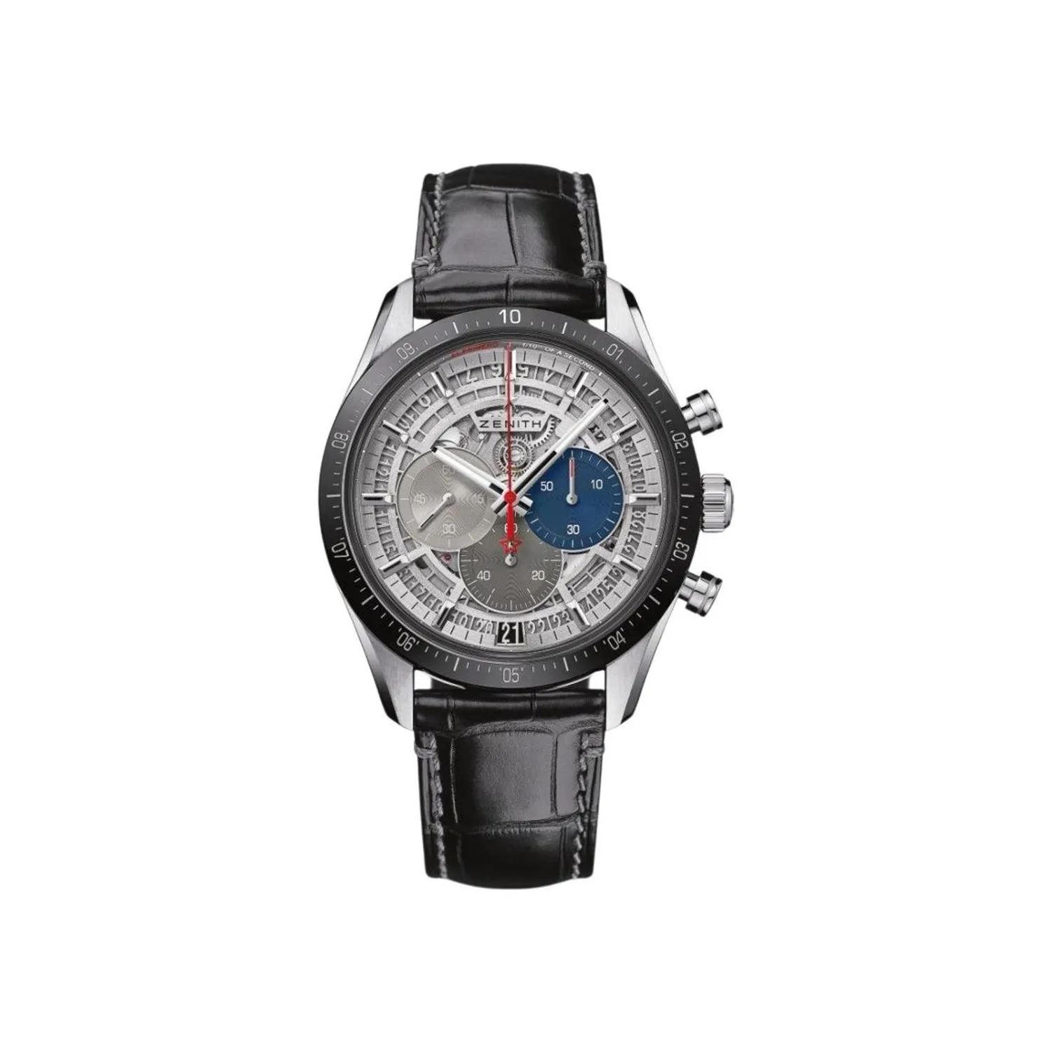 Montre CHRONOMASTER EL PRIMERO Chronomaster 2 Bracelet alligator noir doublé de caoutchouc, Boucle déployante en acier, Cadran ajouré avec compteurs 3 couleurs, Edition limitée n°102/250
