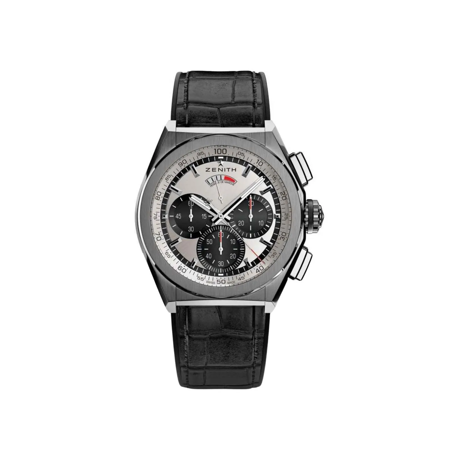 Montre DEFY EL PRIMERO 21 Bracelet caoutchouc revêtu d'alligator noir R582, Boucle déployante en titane, Cadran argenté soleillé compteurs noirs