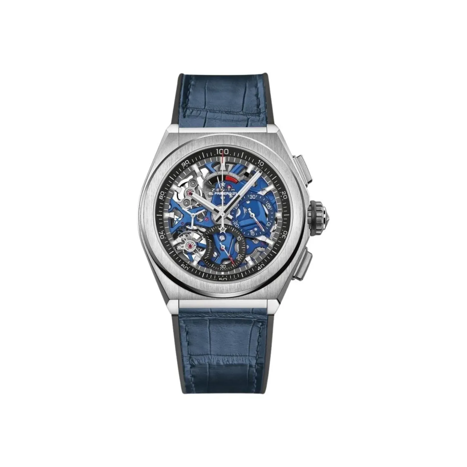 Montre DEFY EL PRIMERO 21 Bracelet caoutchouc revêtu d'alligator bleu, Boucle déployante en titane, Cadran ajouré avec compteurs deux couleurs différentes