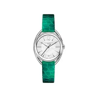 Montre LIENS Lumière PM Bracelet alligator vert, Boucle ardillon, Cadran nacre gillochée 2 index sertis et 1 diamant à 6h