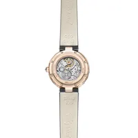 Montre L'HEURE DU DIAMANT lunette sertie diamants Mécanique, Bracelet satin blanc, Boucle ardillon en or rose sertie diamants, Cadran nacre perlée 12 diamants